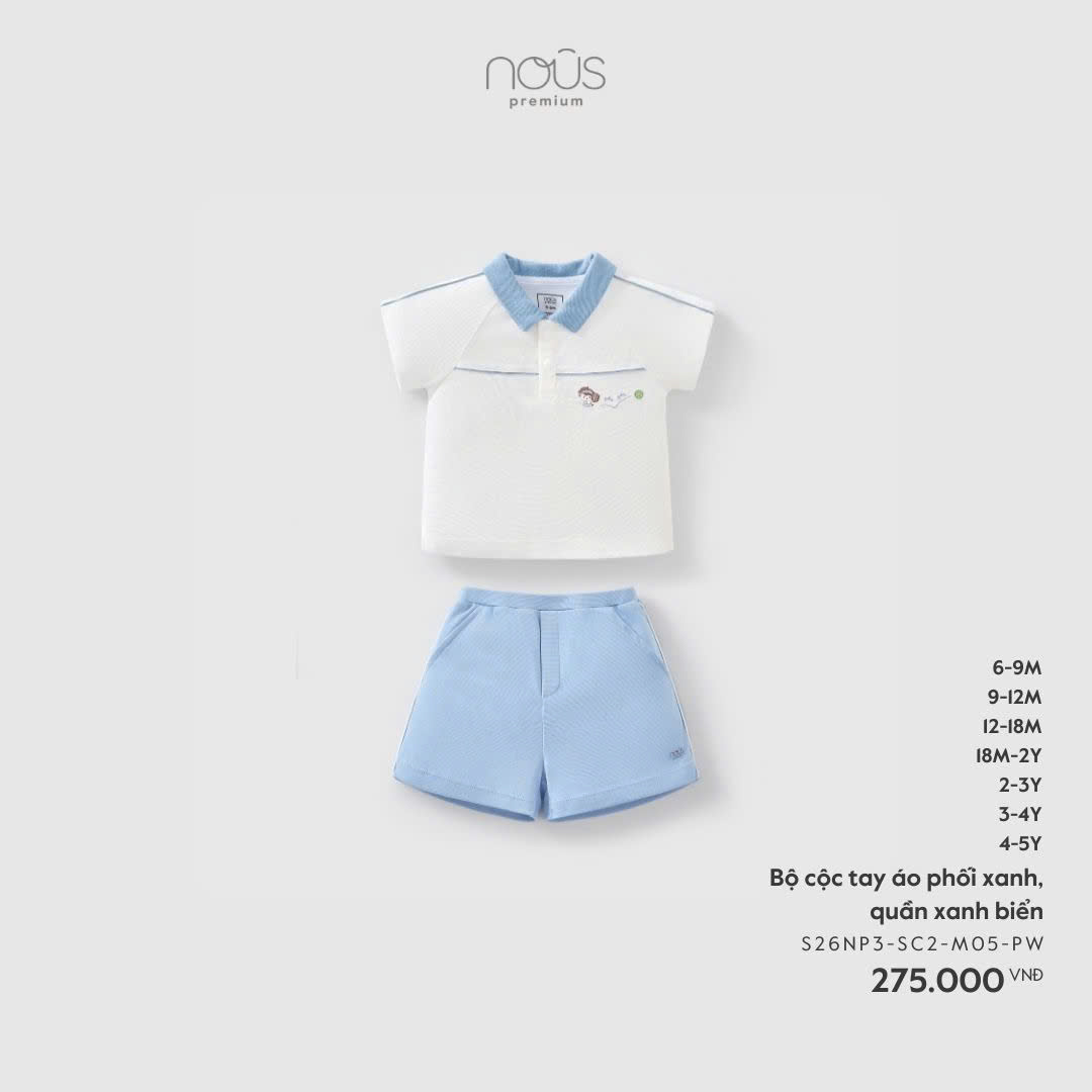 Bộ cộc tay áo phối xanh, quần xanh biển