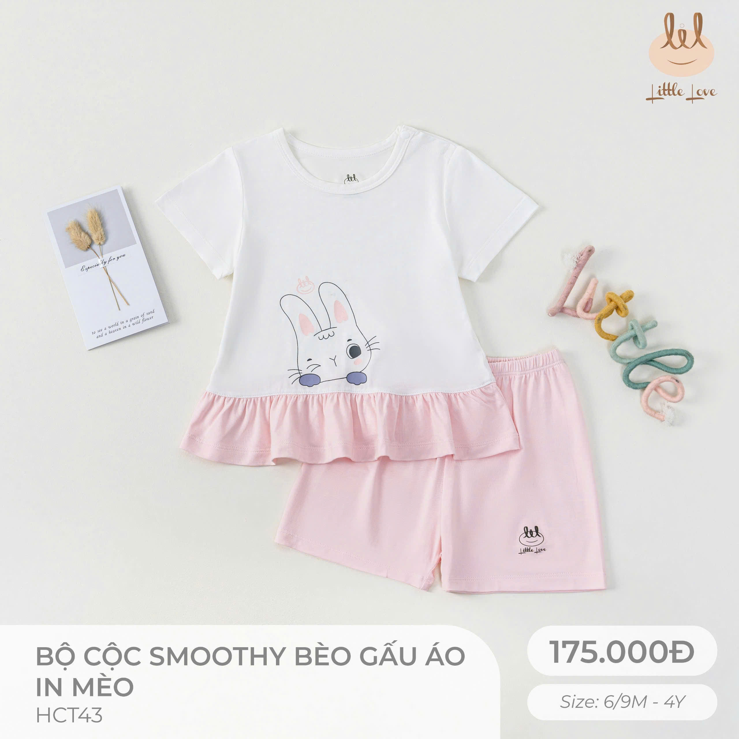 Bộ cộc smoothy bèo gấu áo in mèo HCT43