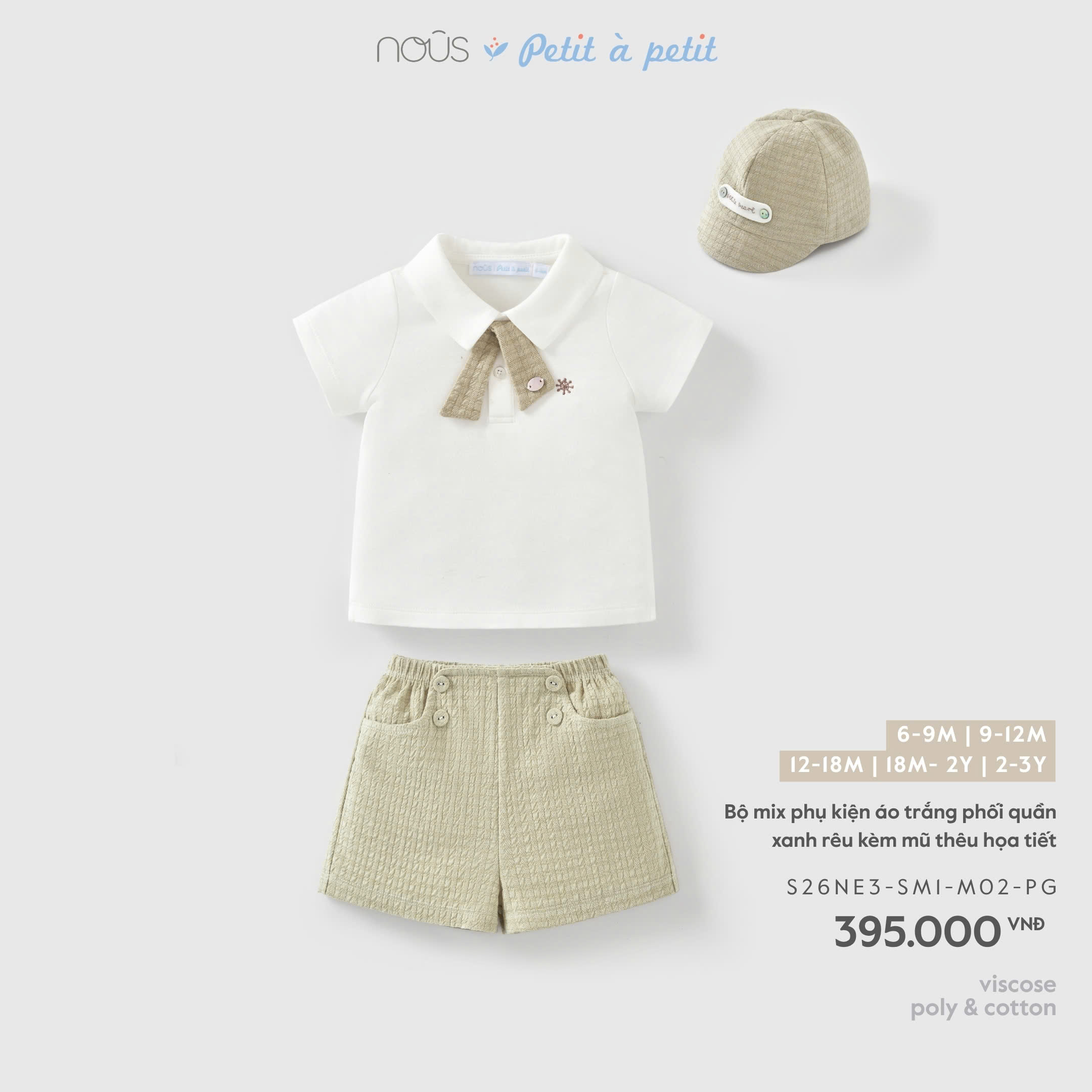 Bộ mix phụ kiện áo trắng phối quần xanh rêu kèm mũ thêu họa tiết