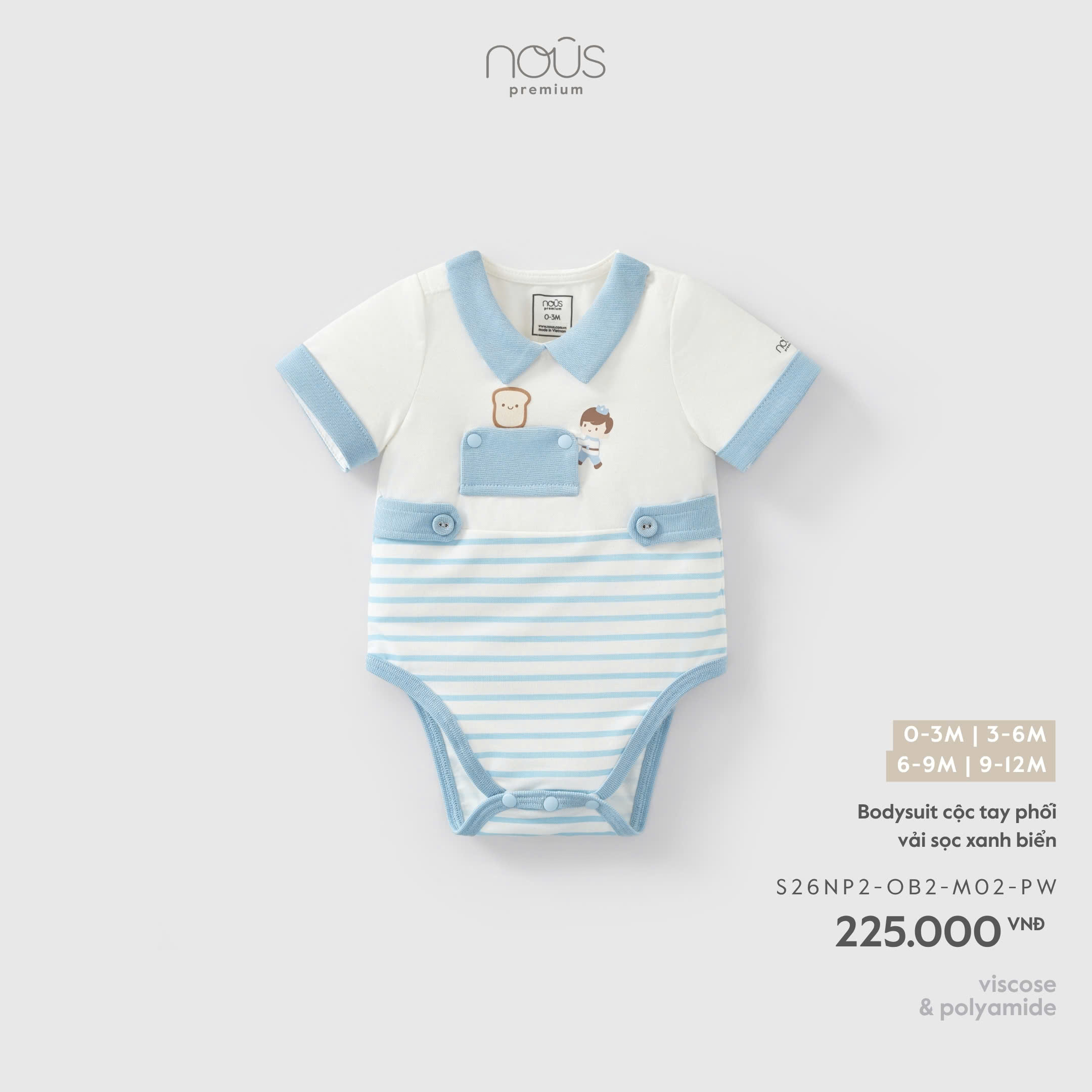 Bodysuit cộc tay phối vải sọc xanh biển