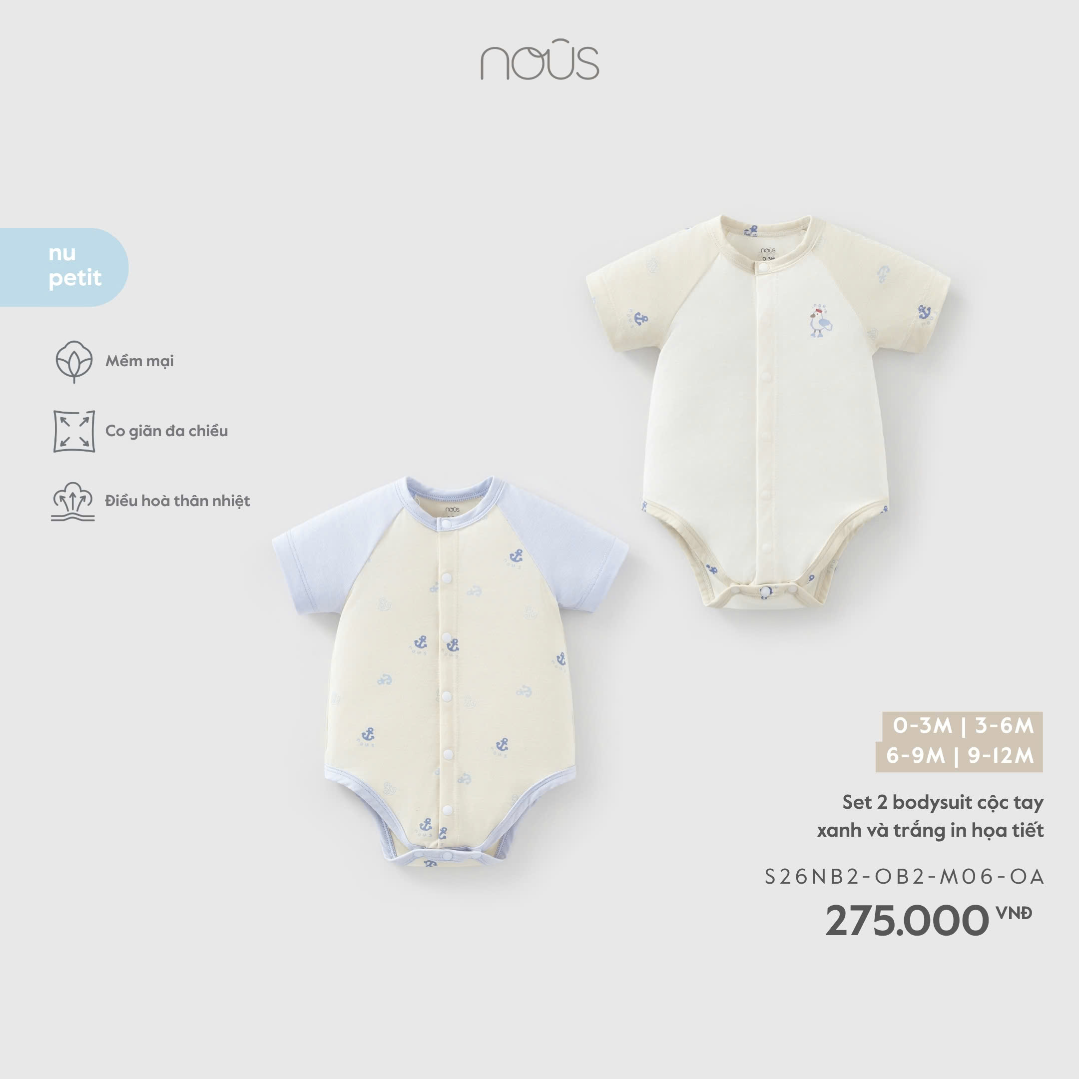 Set 2 bodysuit cộc tay xanh và trắng in họa tiết