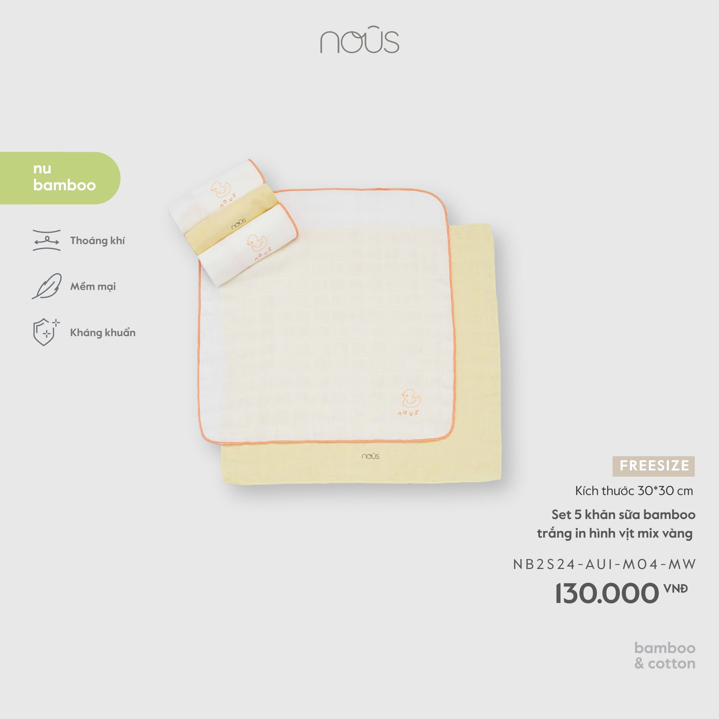 Set 5 khăn sữa bamboo trắng in hình vịt mix vàng