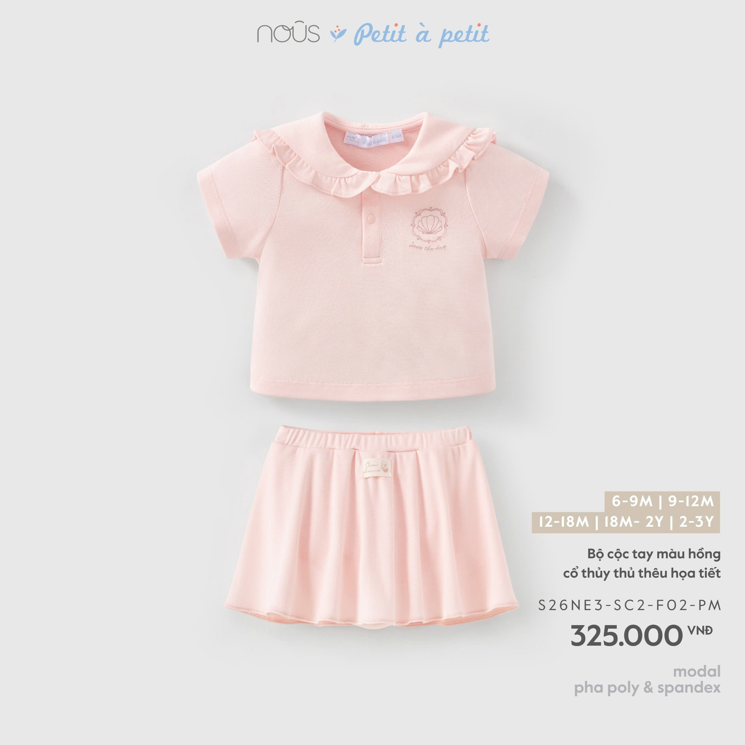 Bộ cộc tay màu hồng cổ thủy thủ thêu họa tiết