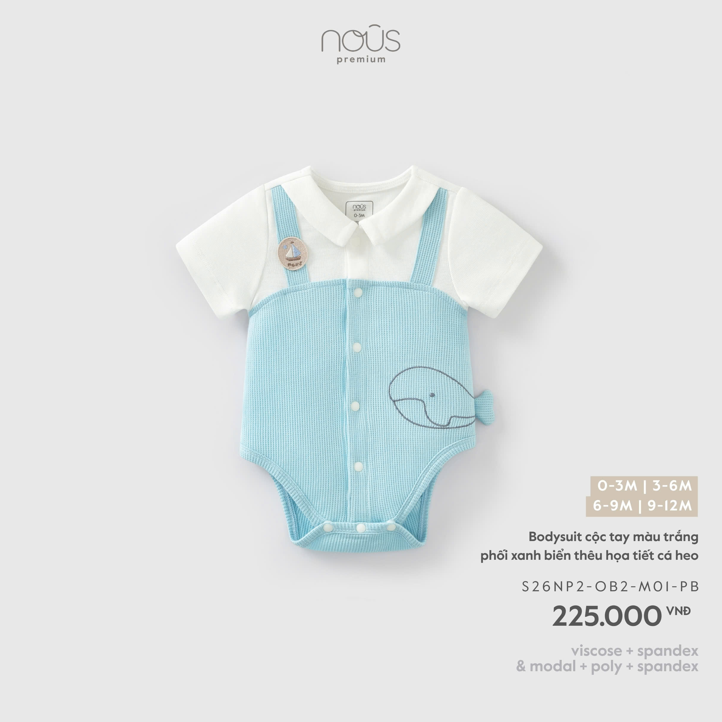Bodysuit cộc tay màu trắng phối xanh biển thêu họa tiết cá heo