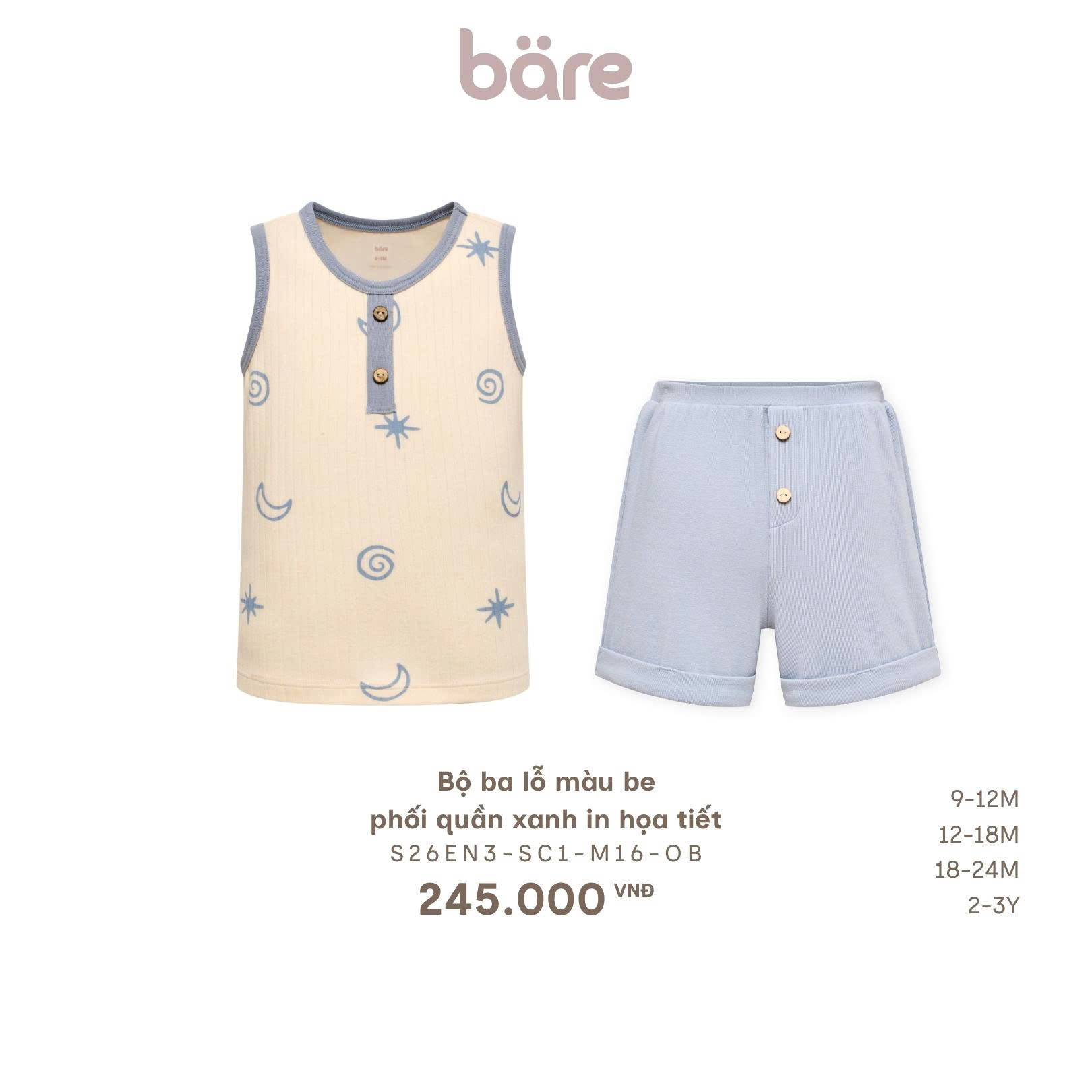 Bộ ba lỗ màu be phối quần xanh in họa tiết