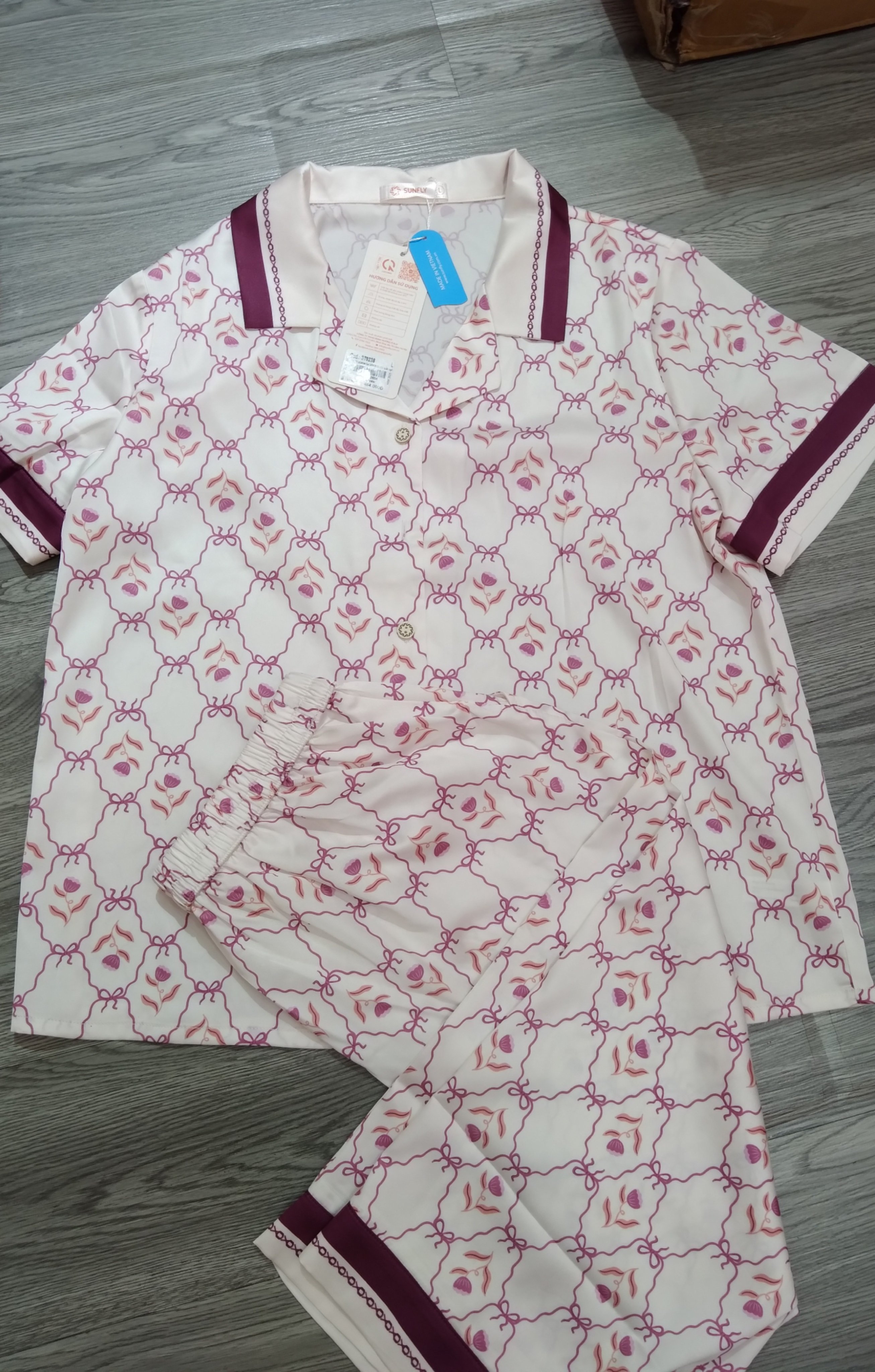 Bộ Sun fly lụa satin inhoa - QL tay cộc-ST9238