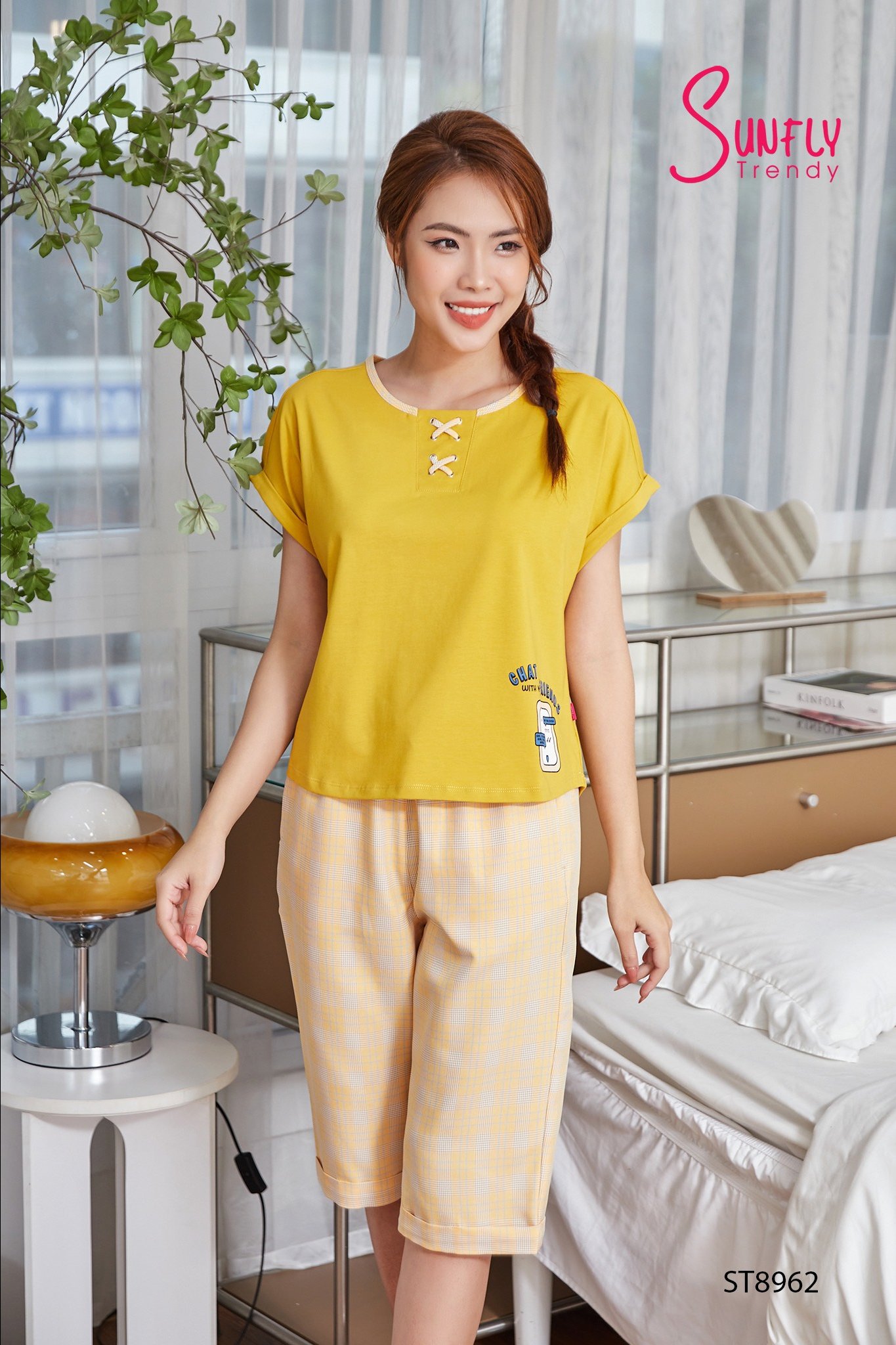 Bộ cotton kate sunfly áo cộc quần ngố ST8962