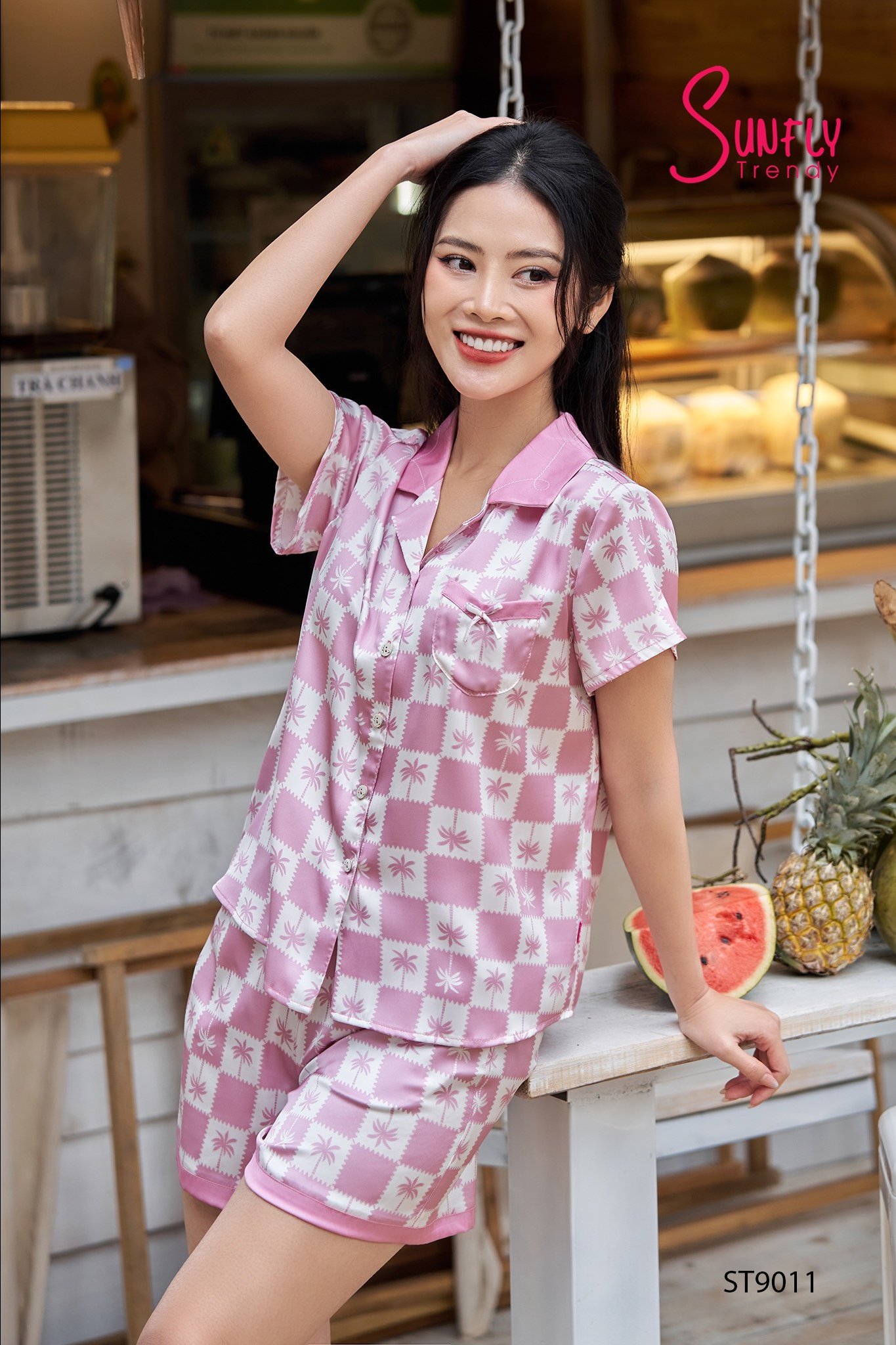 Bộ sun fly, lụa PIZAMA quần đùi -ST9011