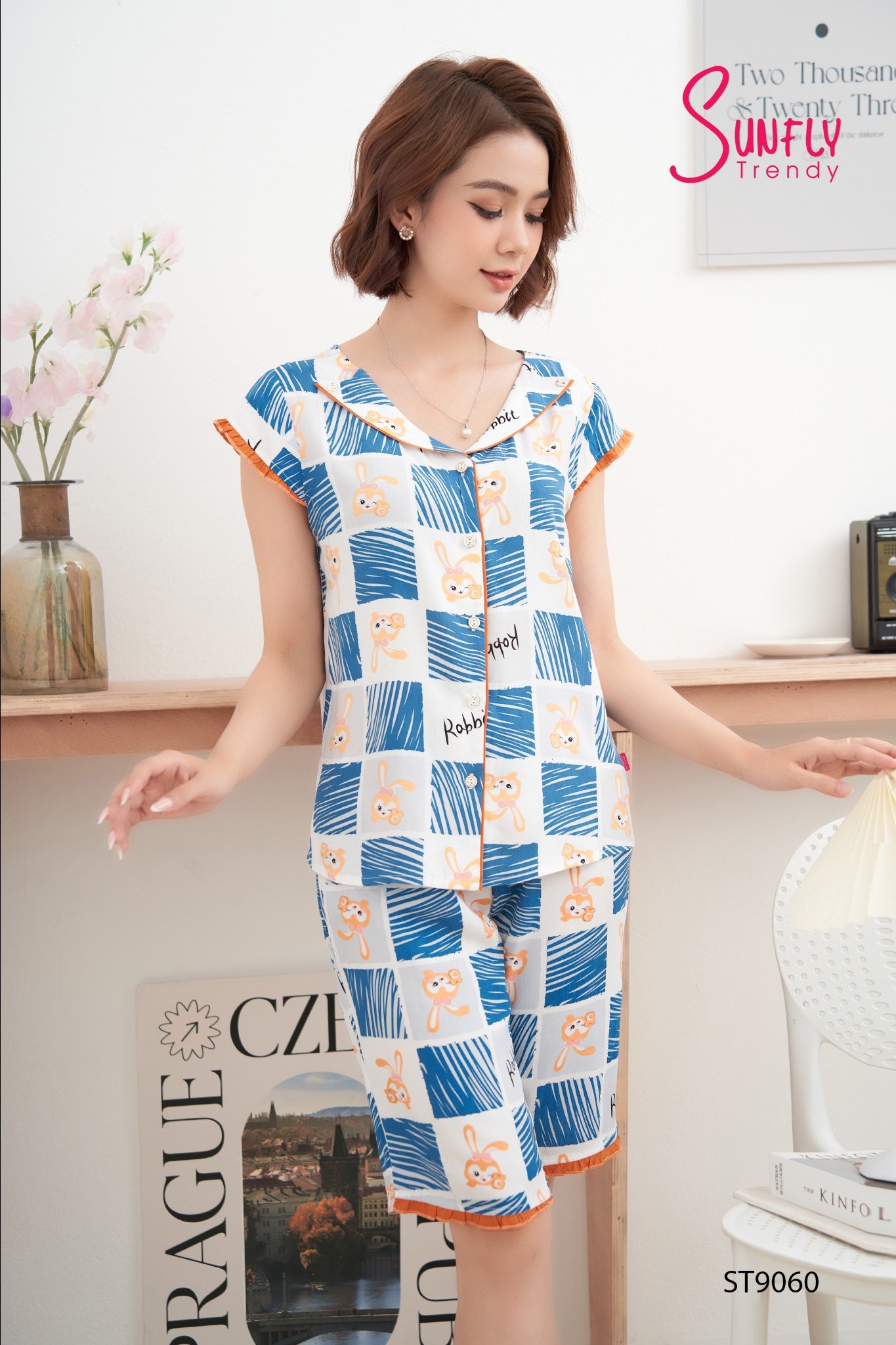 Bộ sunfly lanh áo tay hến quần lửng ST9060