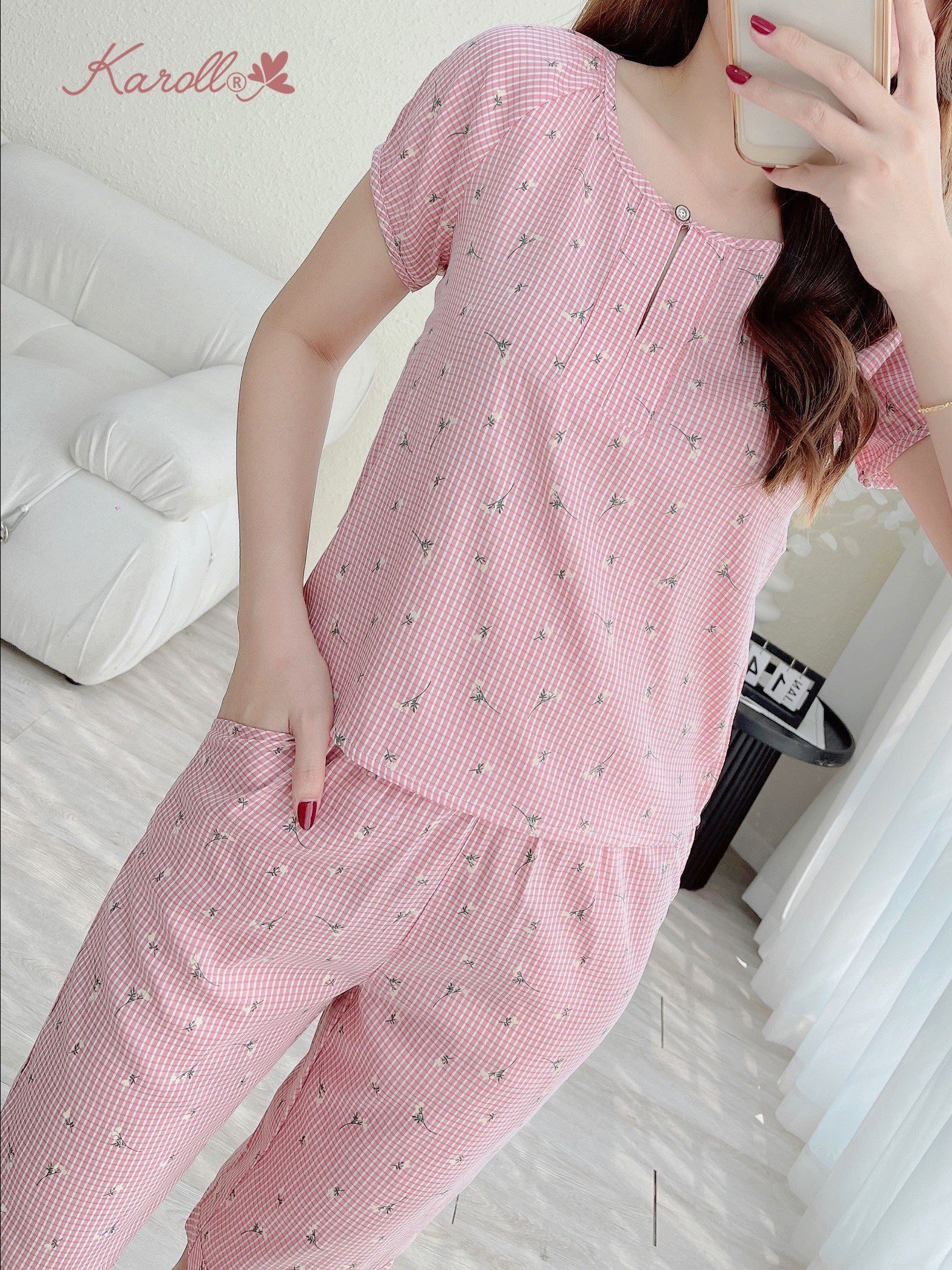 Bộ karol thô kẻ hoa nhí, quần lửng NH23.045