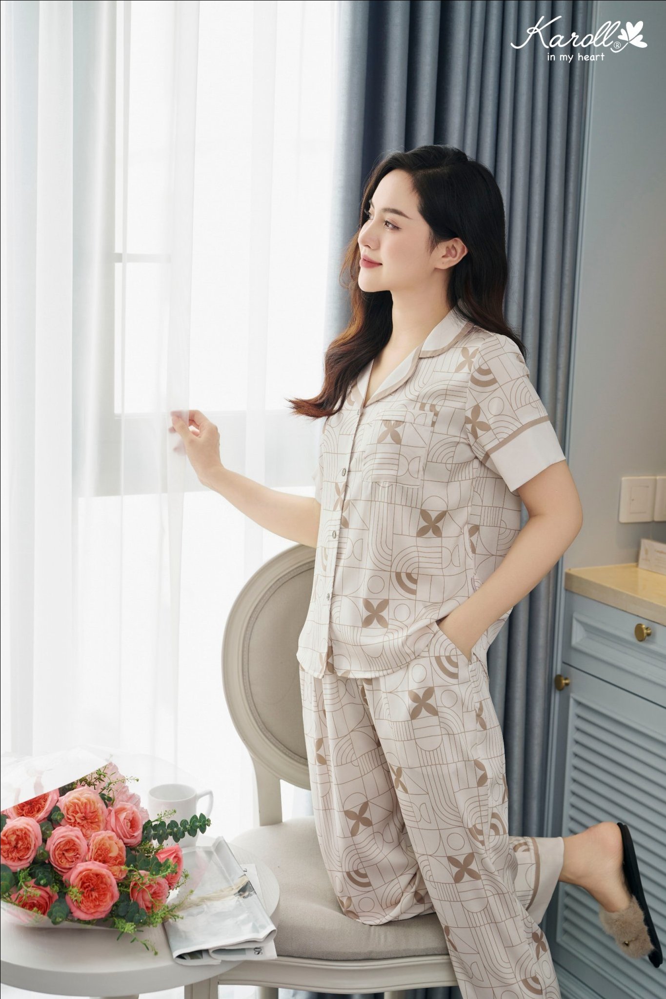 Bộ karol Lụa LUXURY, áo tay cộc ,QD- NH24.002
