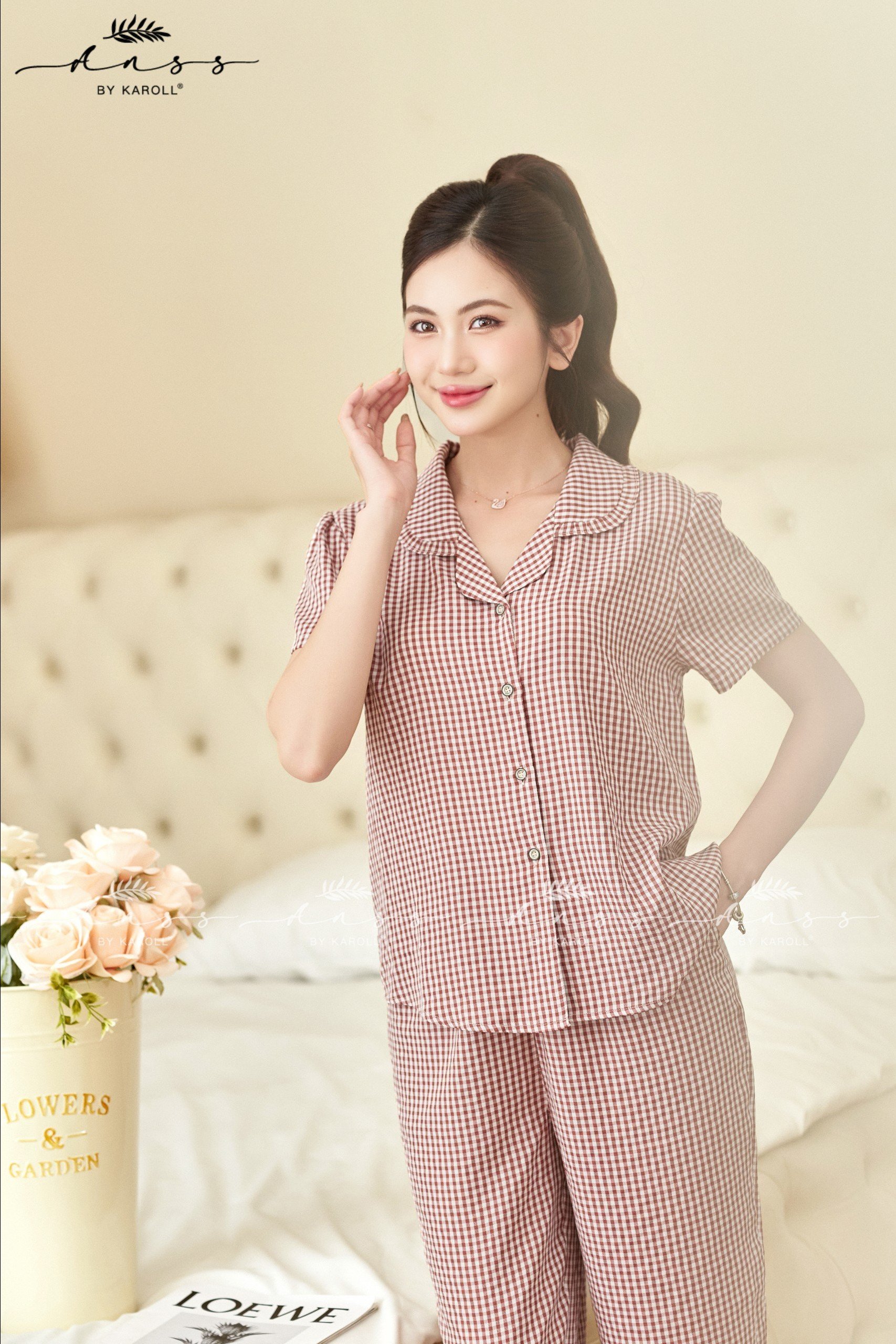 Bộ karol thô kẻ, áo tay cộc ,QD-  008.24