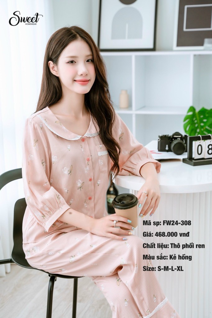 Bộ Sweet Thô kẻ ren  F24-308