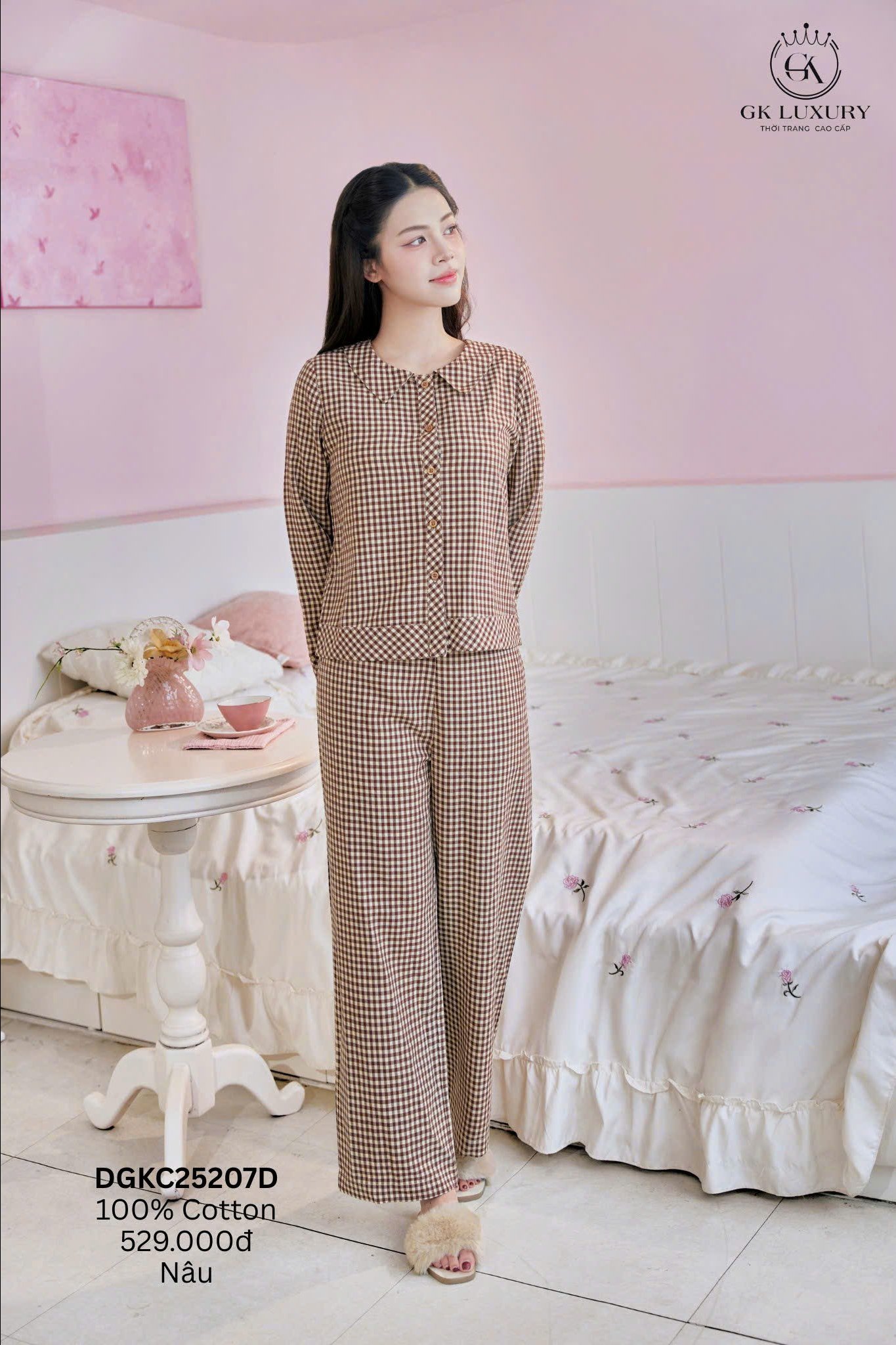 Bộ GK cotton kẻ caro dài -  GK25207