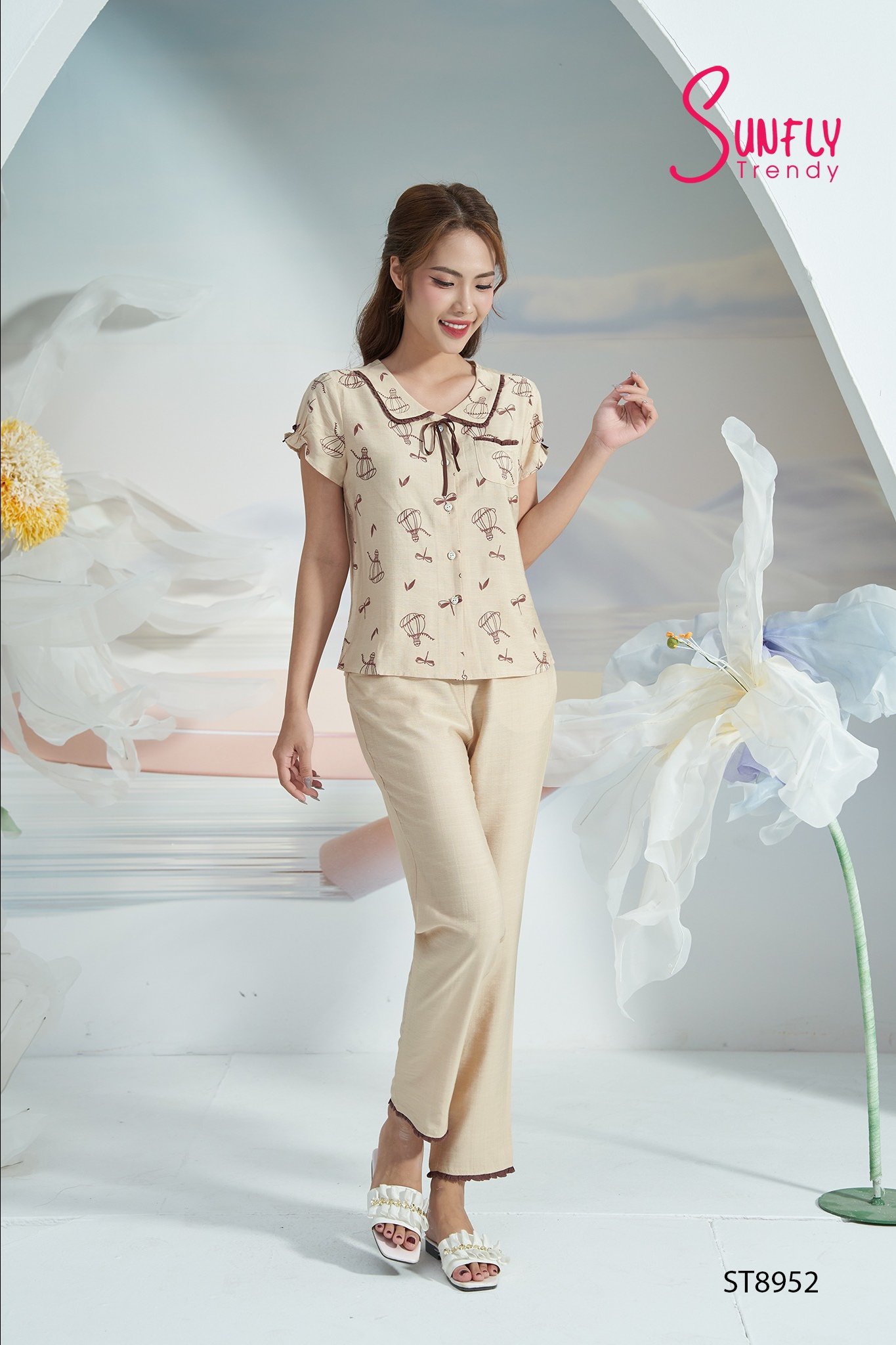 Bộ thô sunfly áo cộc quần dài ST8952.