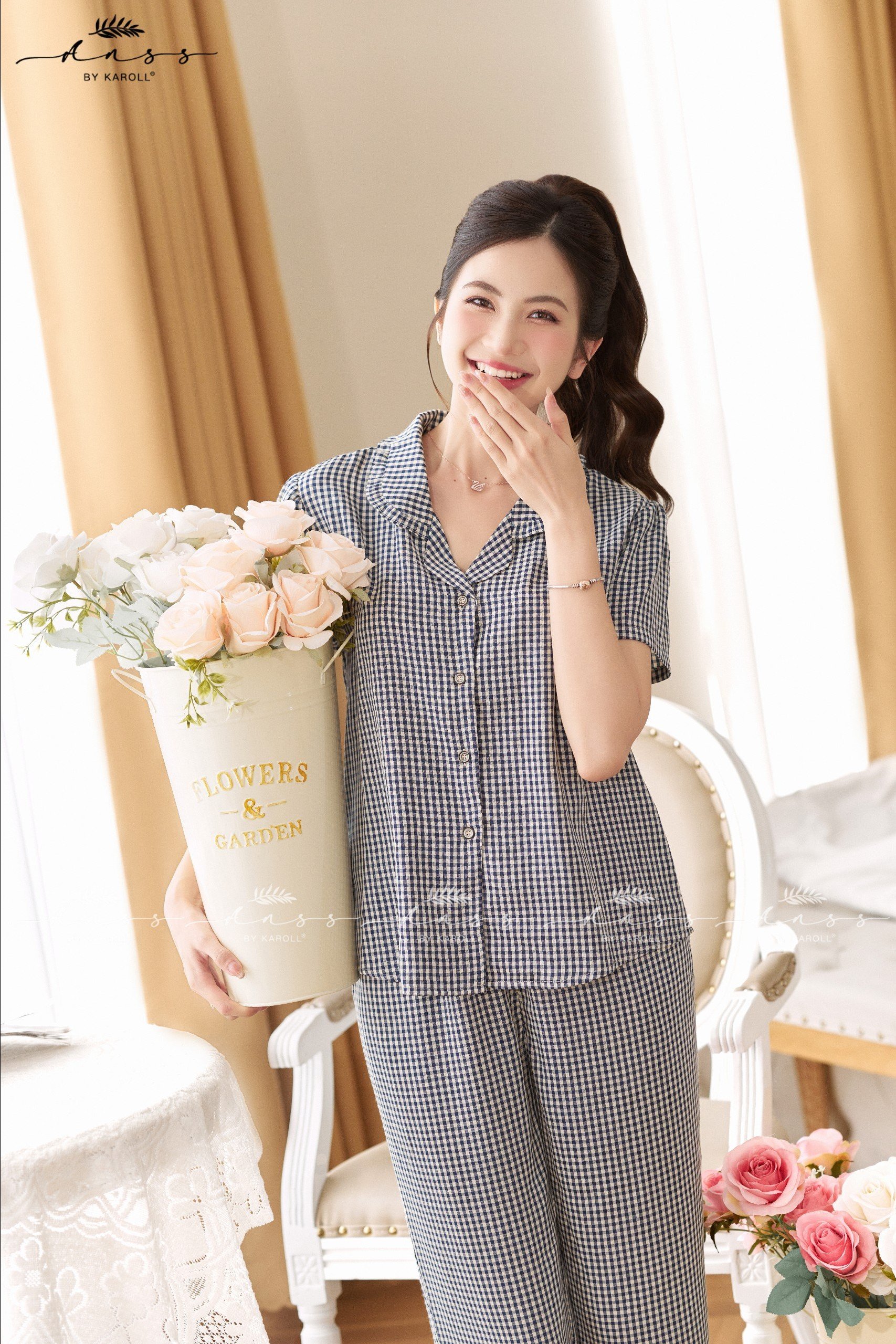 Bộ karol thô kẻ, áo tay cộc ,QD-  008.24