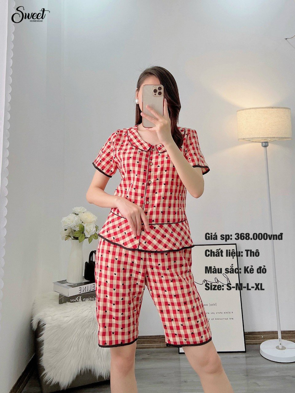 Bộ Sweet Thô kẻ karo QL ,cổ sen S24-624