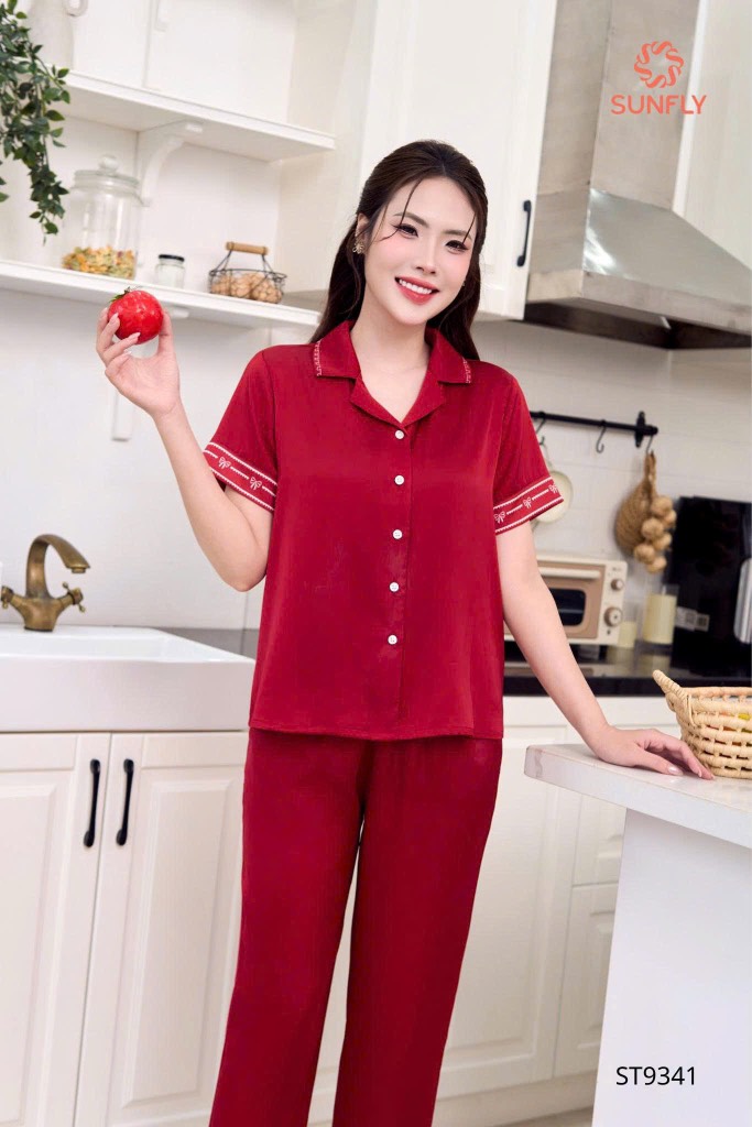 Bộ lua satin trơn áo tay cộc QD  ST 9341
