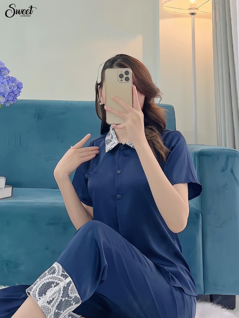 Bộ Sweet lụa trơn áo cộc quần dài  S23-206
