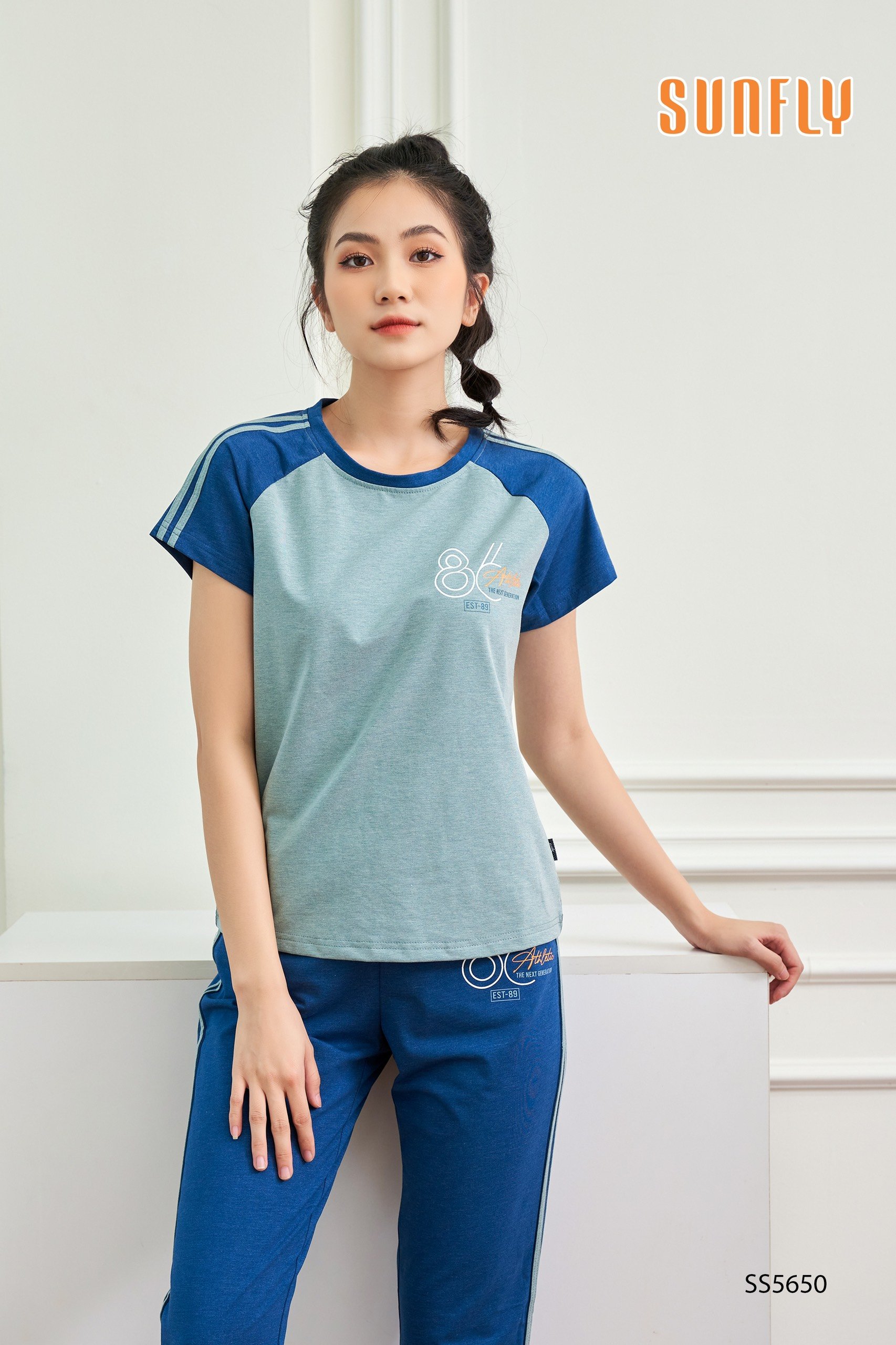 Bộ Sunfly thể thao cotton áo cộc quần dài SS5650