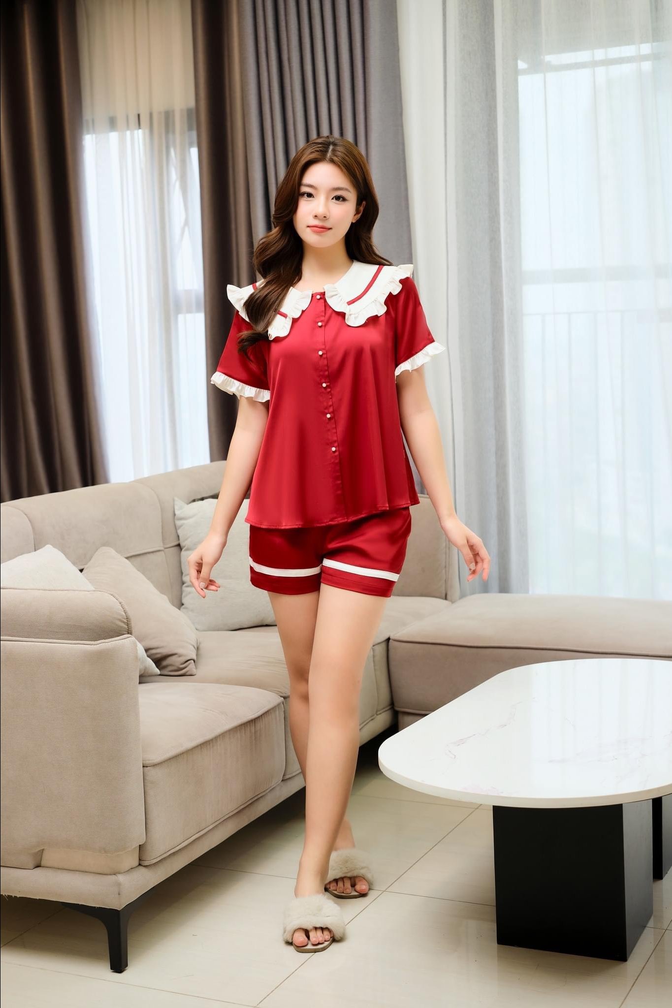 Bộ LYTRENDY lụa , cổ sen bèo , quần Soóc -BN321