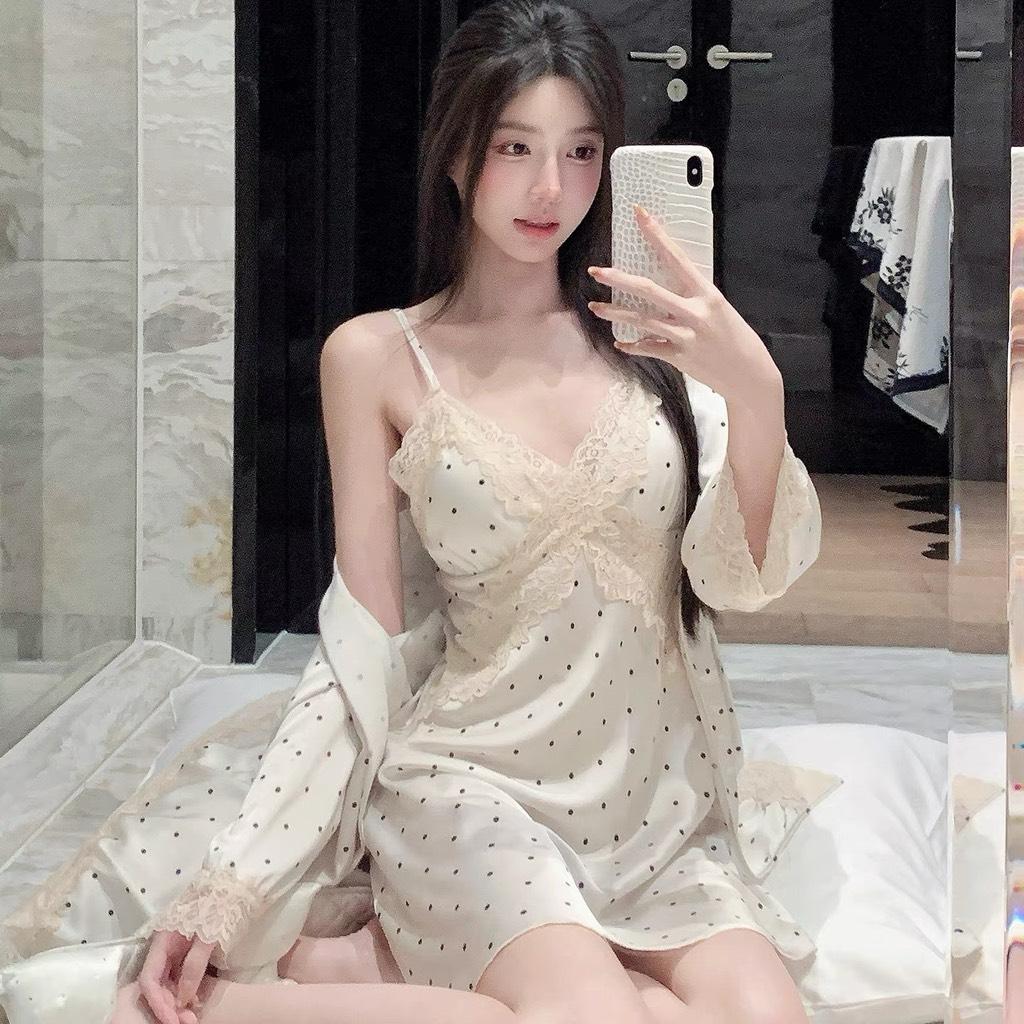 Váy ngủ chấm bi kèm choàng 10513