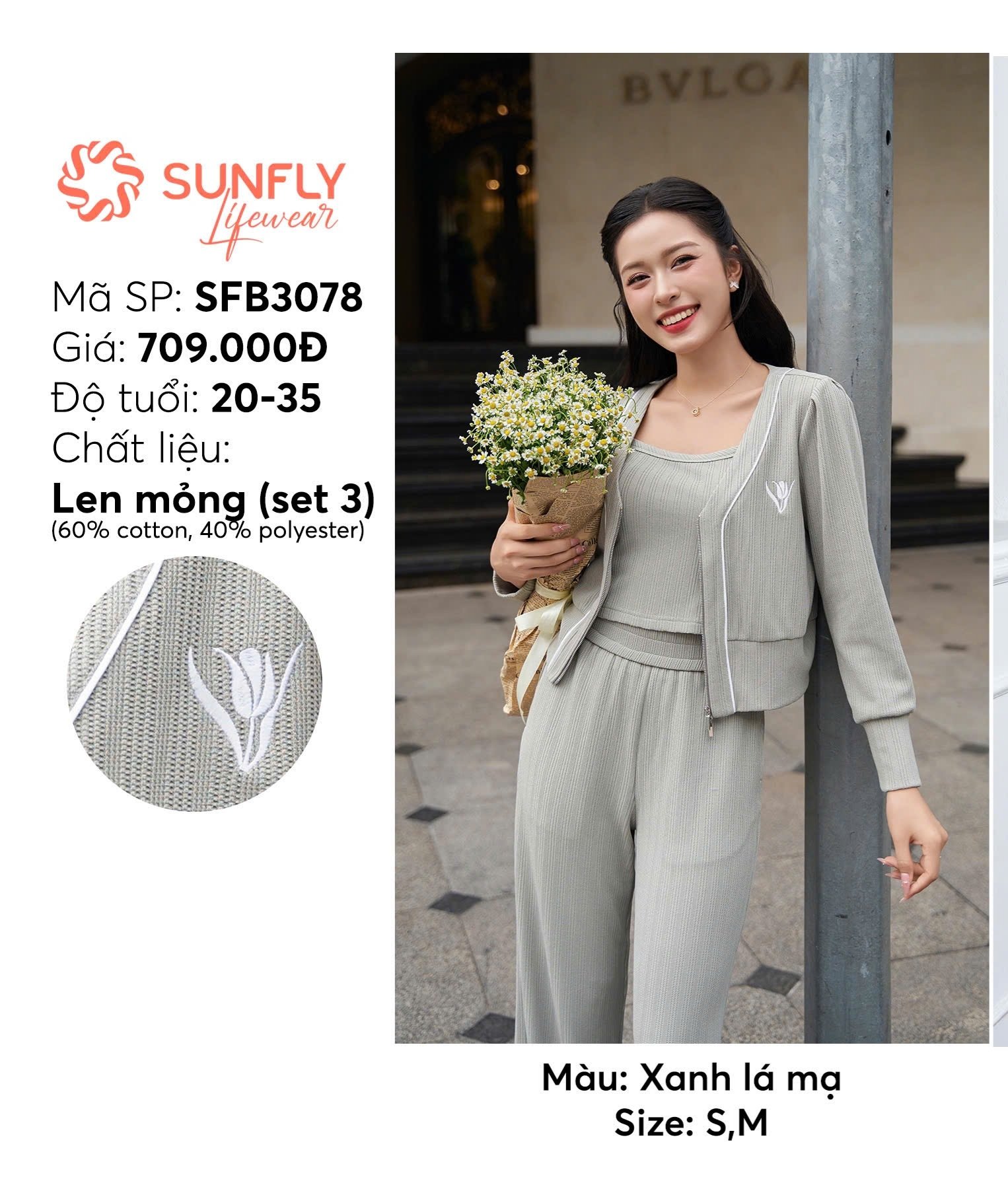 Sét len mỏng 3ct  kéo khóa ,quần  suông- SFB 3078
