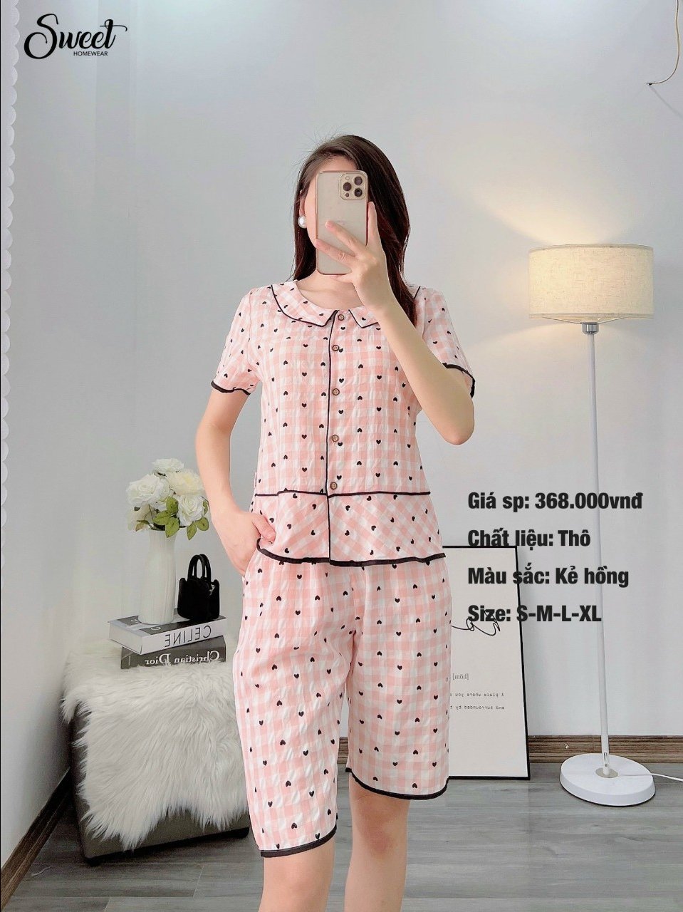 Bộ Sweet Thô kẻ karo QL ,cổ sen S24-624