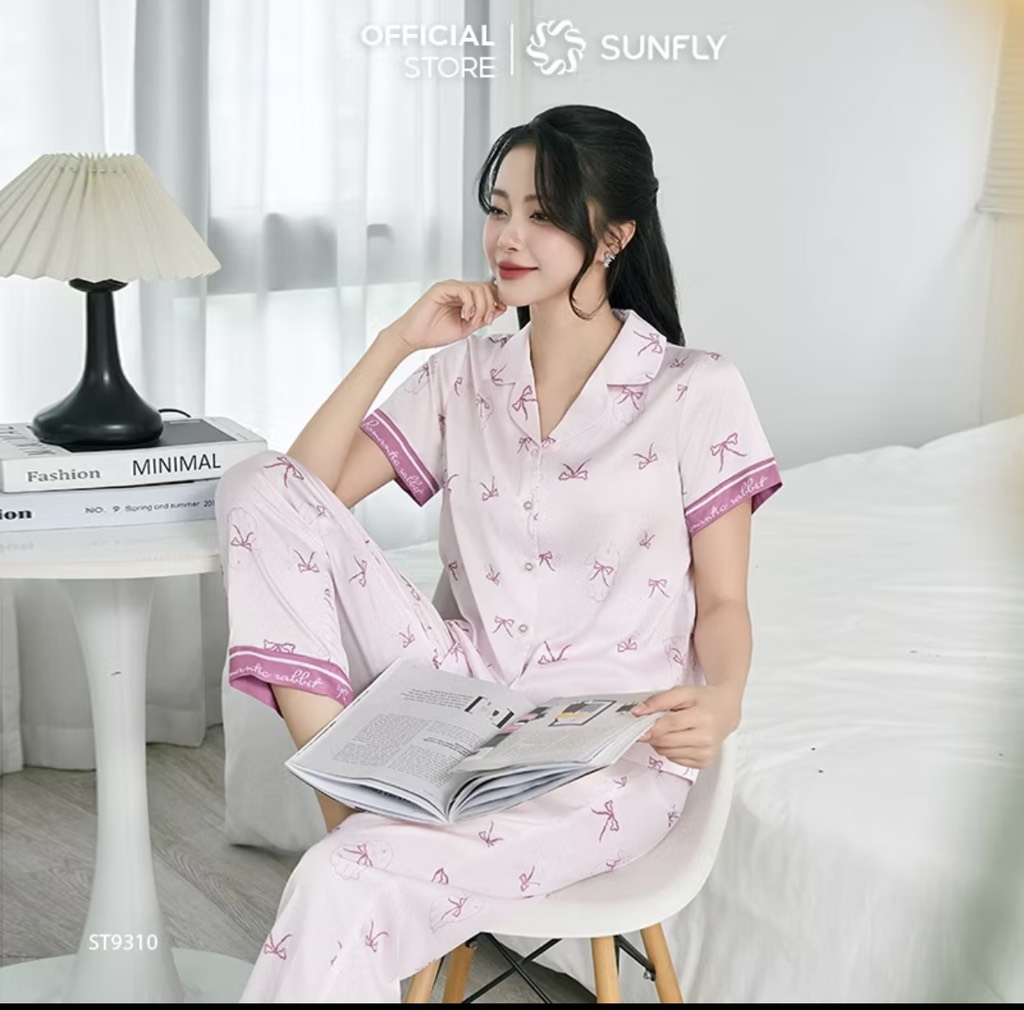 Bộ lụa pizama SUNFLY hình thỏ nơ - ST931