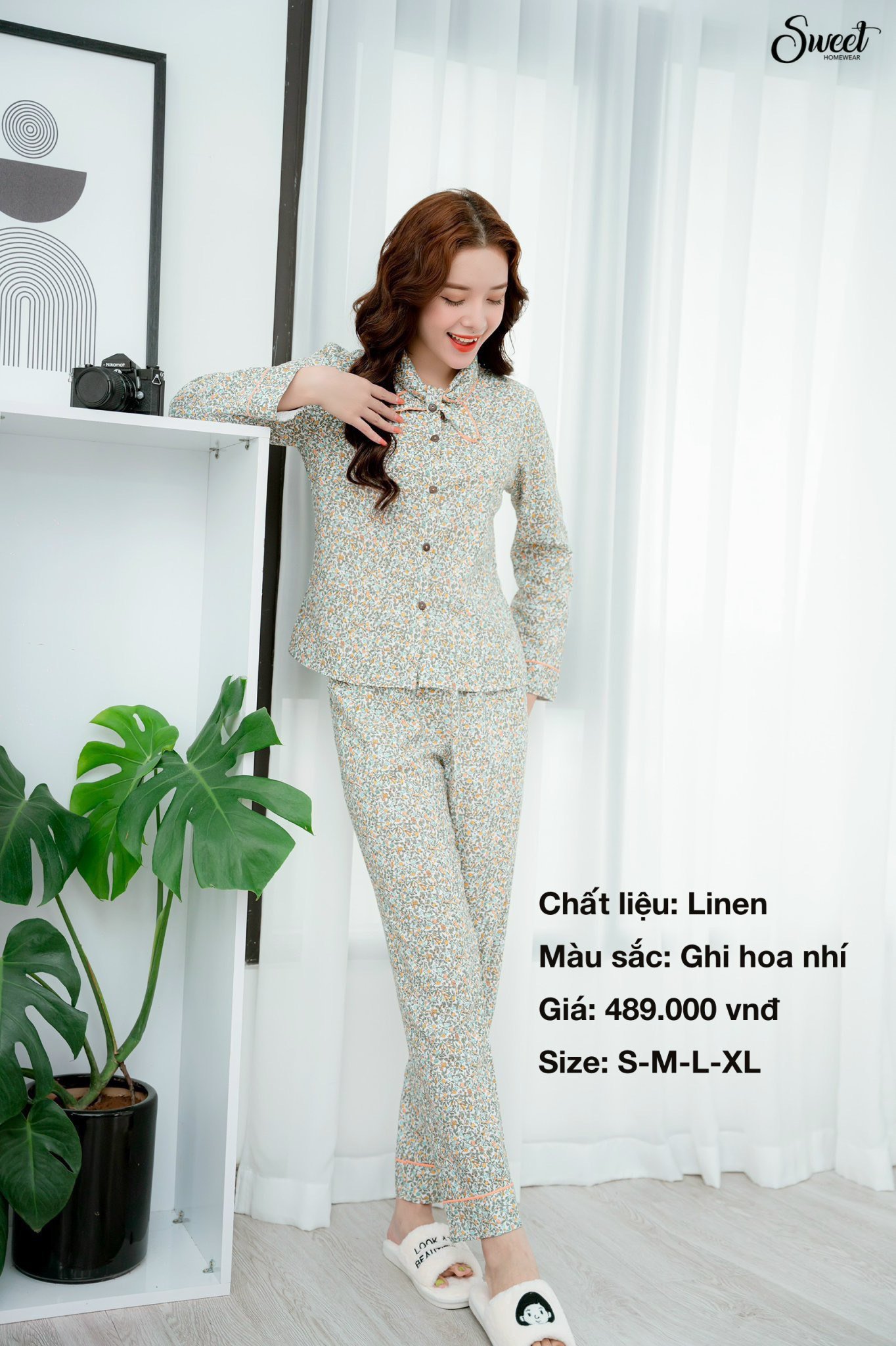 Bộ Sweet thô LINEN, QD áo tay dài cổ nơ F23-411