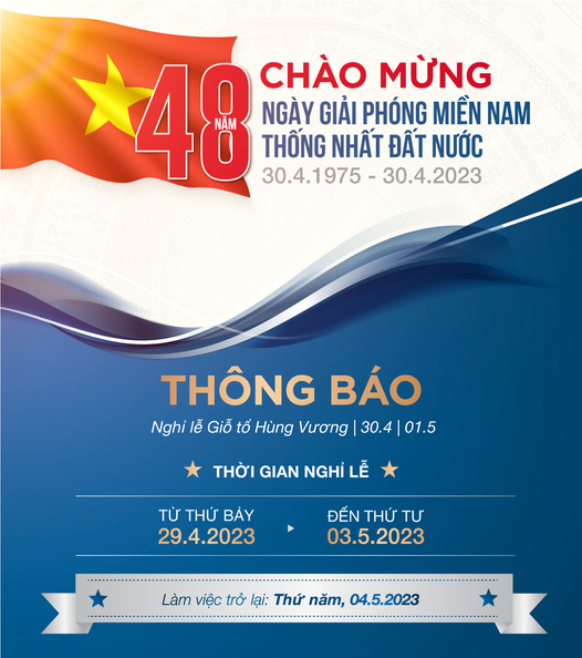 CÔNG TY DƯƠNG HIẾU (DHM) THÔNG BÁO LỊCH NGHỈ LỄ DỊP 30/4, 1/5 NĂM 2023