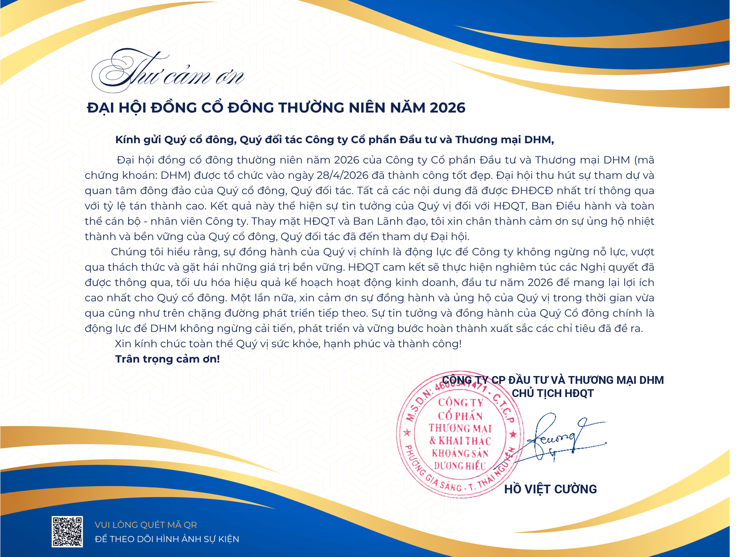 Thư cảm ơn Đại hội đồng cổ đông DHM 2026 thành công tốt đẹp