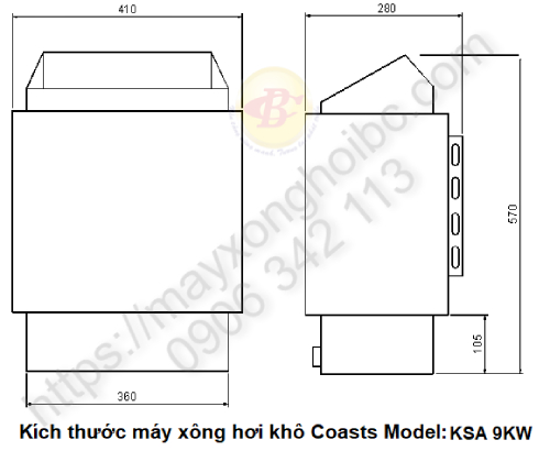 kích thước máy xông hơi khô coasts 9kw