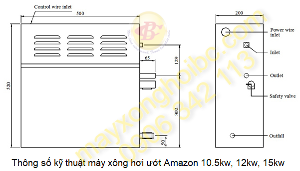 kích thước máy xông hơi ướt amazon 15kw