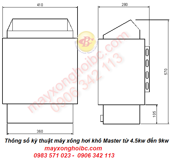 Kích thước và thông số kỹ thuật máy xông hơi khô Master 7.5kw