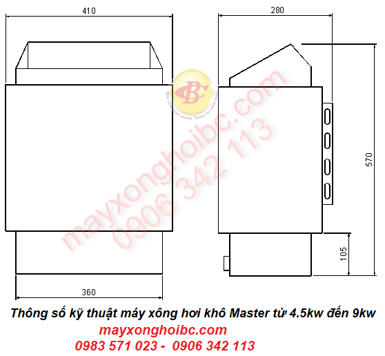 Kích thước và thông số kỹ thuật máy xông hơi khô Master 4kw