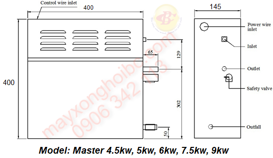 Kích thước máy xông hơi ướt Master có công suất từ 4.5kw đến 9kw