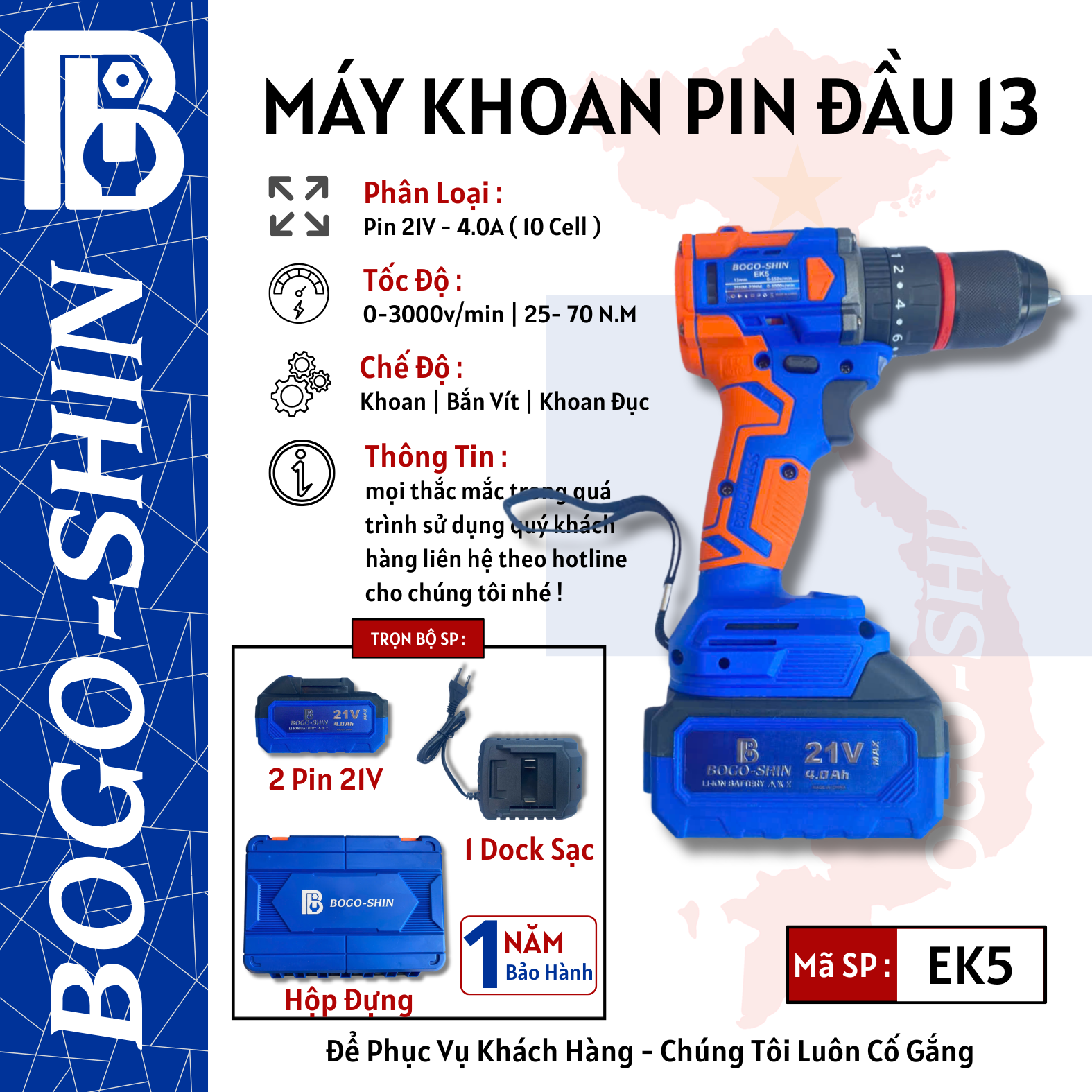 Máy Khoan Pin Đầu 13 21V 3000v/min Bogo-Shin
