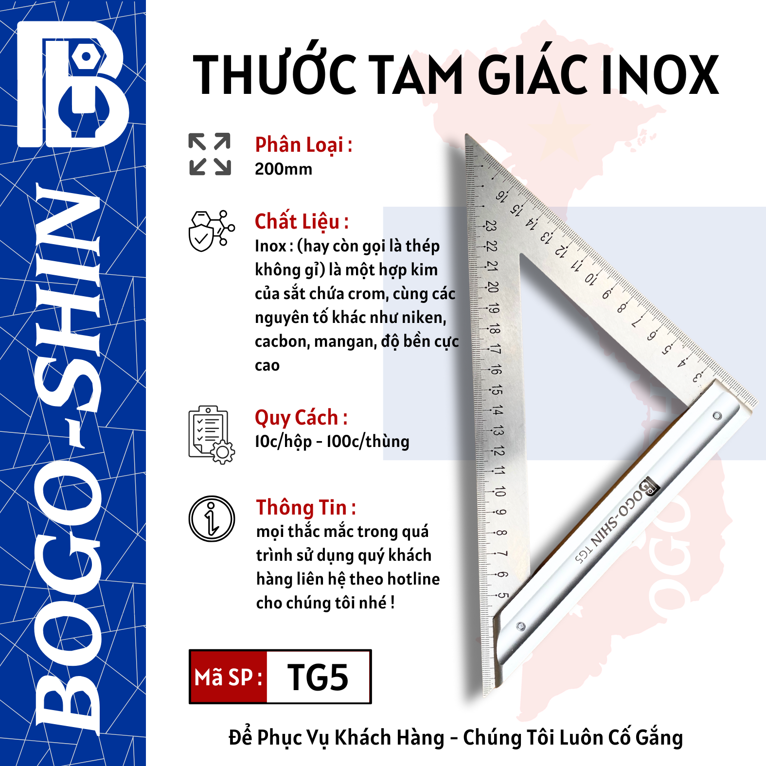 Thước Tam Giác Inox 150mm & 200mm Bogo-Shin
