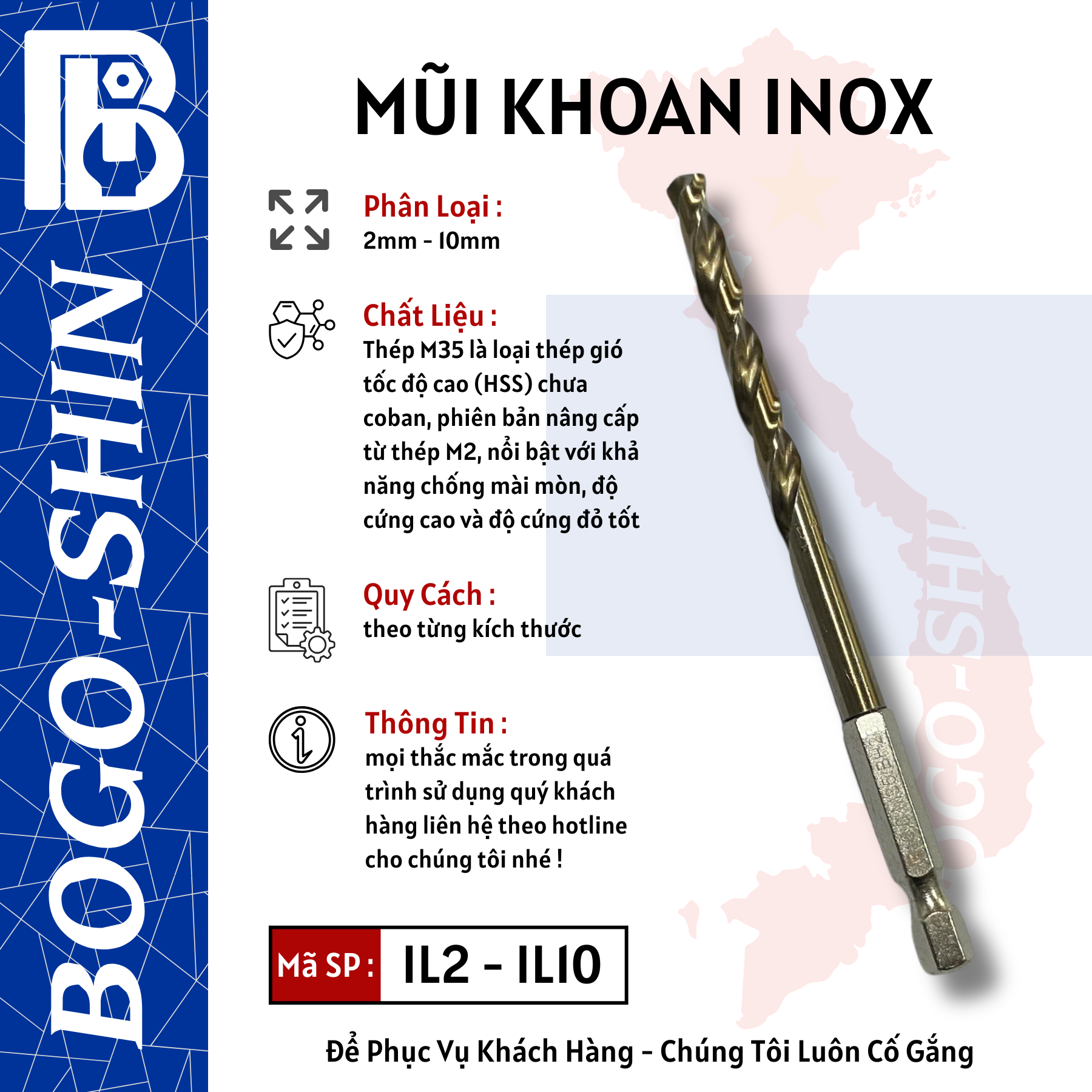 Mũi Khoan Inox Đặc Chủng Chân Lục Giác 2mm - 10mm Bogo-Shin