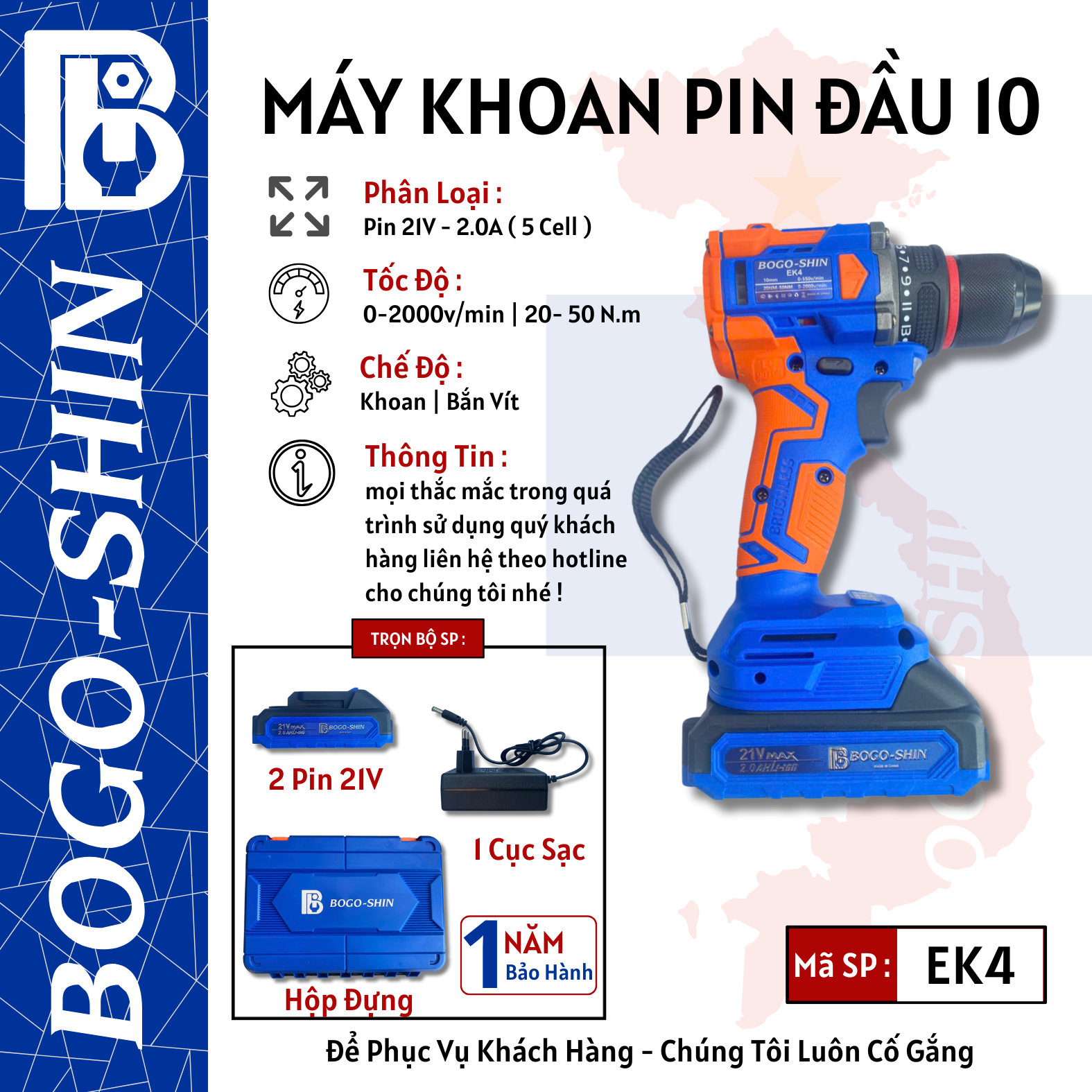 Máy Khoan Pin Đầu 10 21V 2000v/min Bogo-Shin