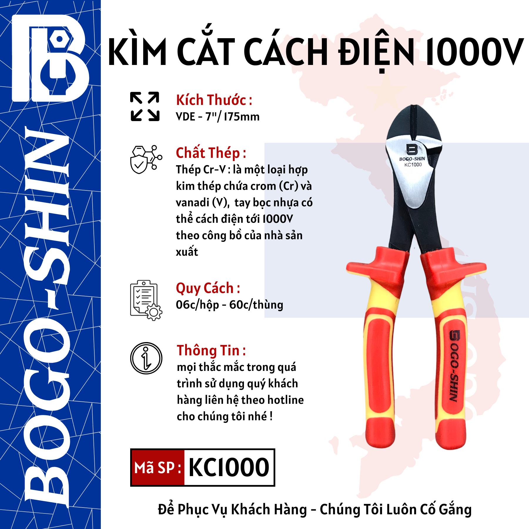 Kìm Cắt Cách Điện VDE 7"/175mm Bogo-Shin