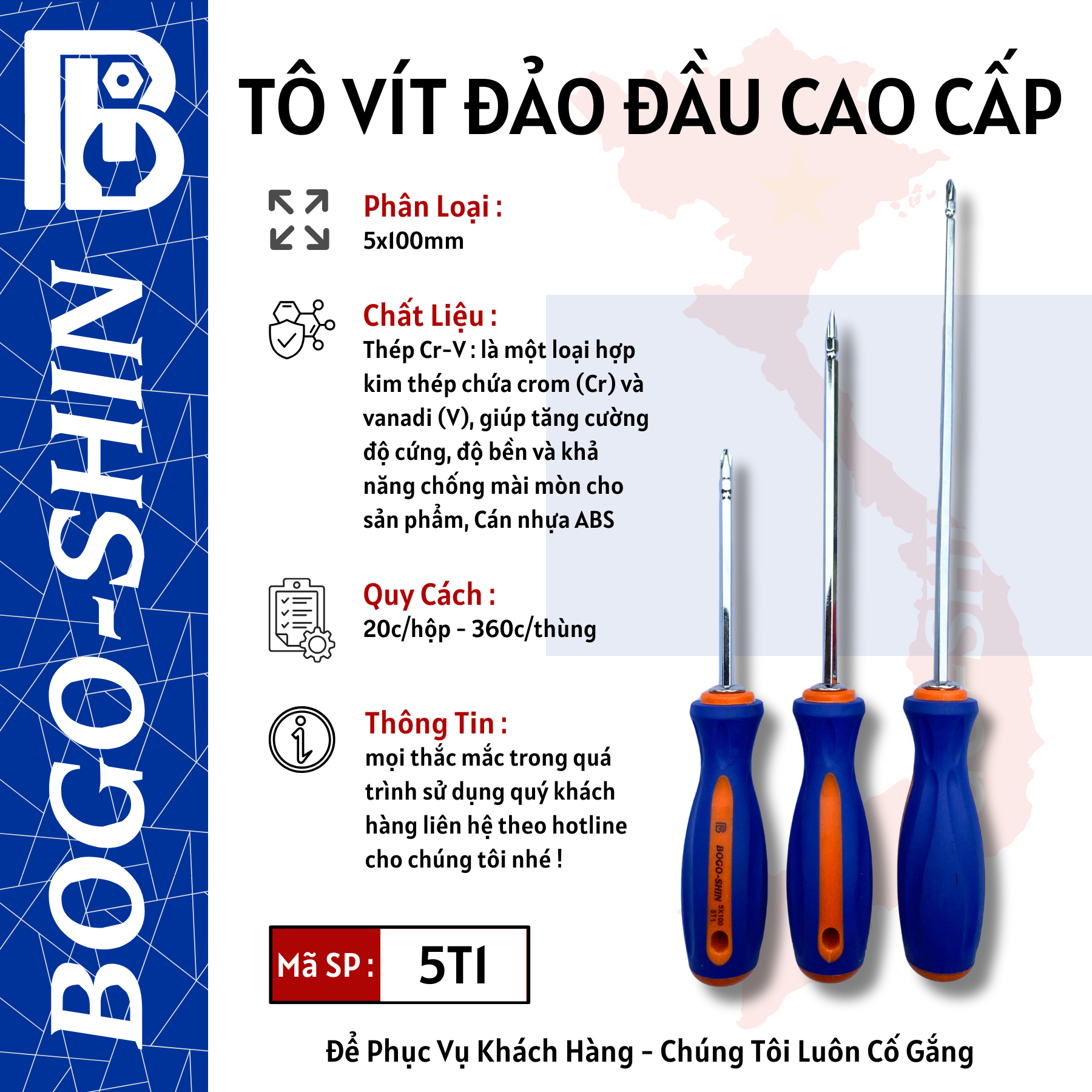 Tô Vít Đảo Đầu Cao Cấp 5x100mm, 5x150mm, 5x200mm Bogo-Shin