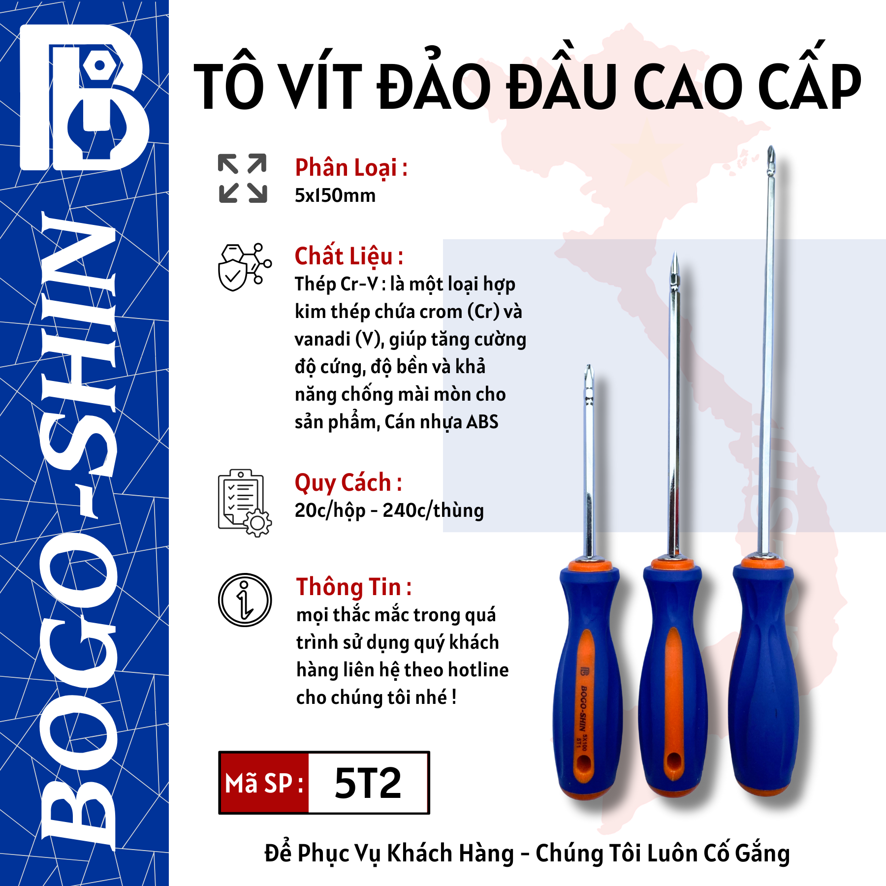 Tô Vít Đảo Đầu Cao Cấp 5x100mm, 5x150mm, 5x200mm Bogo-Shin