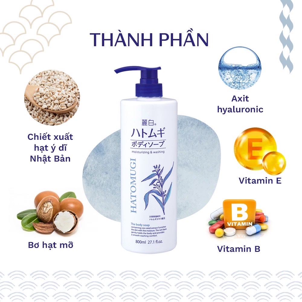 Sữa Tắm Dưỡng Ẩm Và Làm Sáng Da Reihaku Hatomugi Body Soap (800ml)