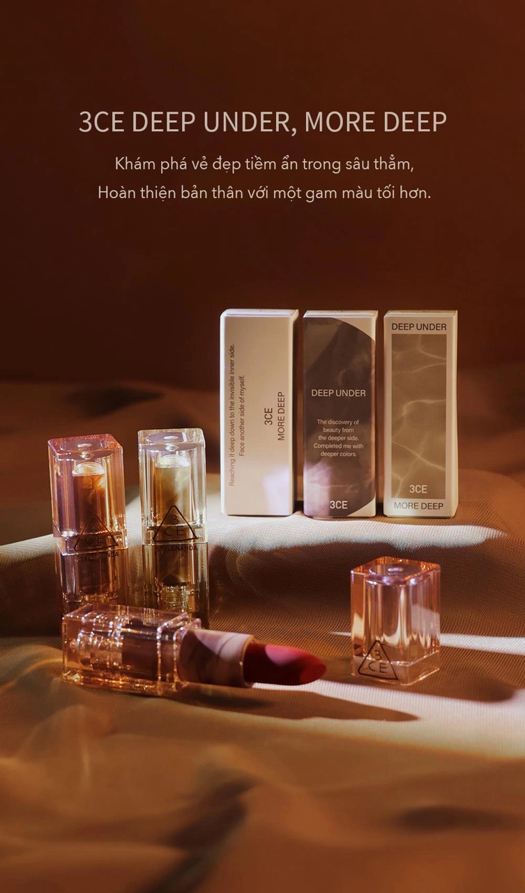 Son Thỏi 3CE Deep Under More Deep Lip Color Limited Màu Sensual Breeze & Eternal Warm
