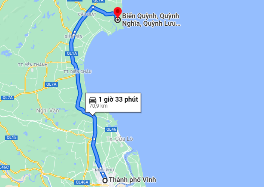 Khu du lịch biển Quỳnh cách thành phố Vinh khoảng 70Km