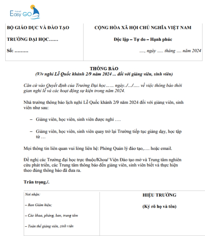 mẫu thông báo nghỉ lễ 2/9/2024 của trường học 