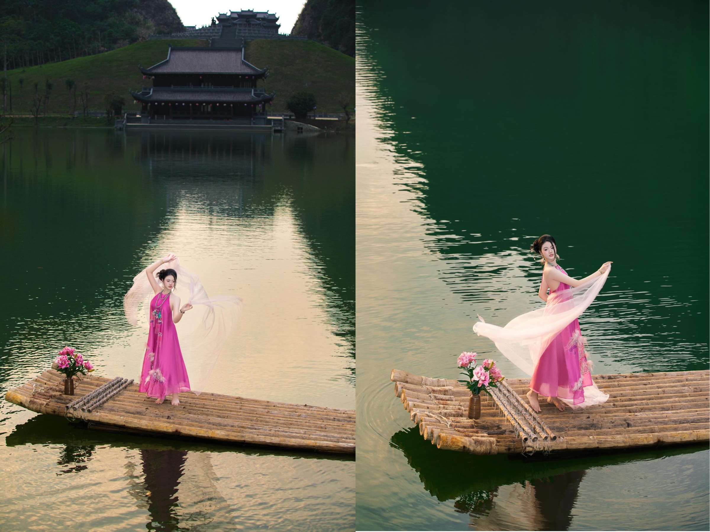 Tạo dáng trên bè tre giữa không gian non nước hữu tình của Thung Ui 