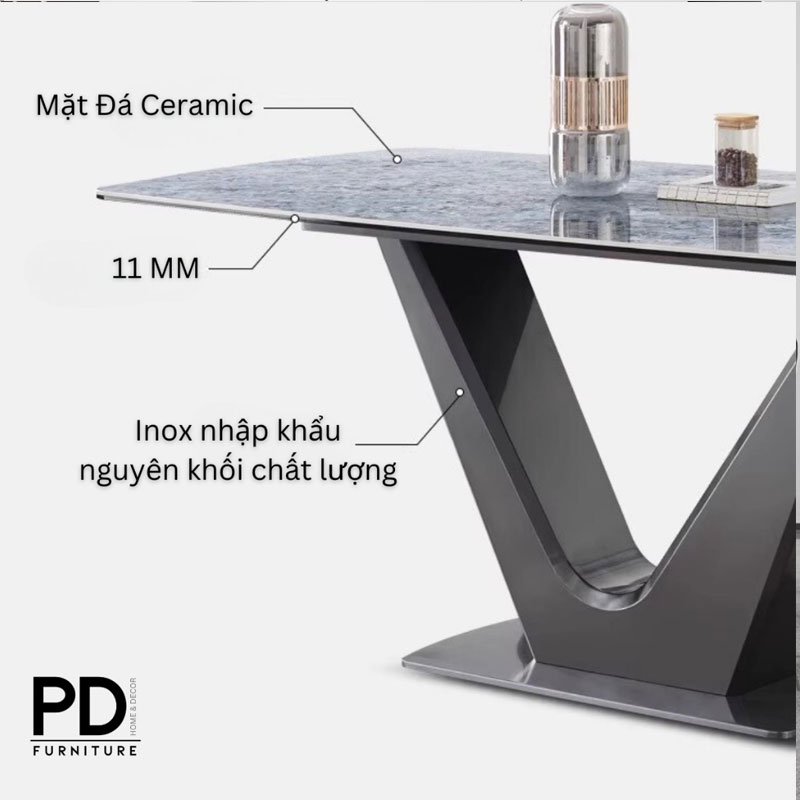Bàn Ăn Mặt Đá Ceramic Nhập Khẩu, Chân Vestor Inox Cao Cấp